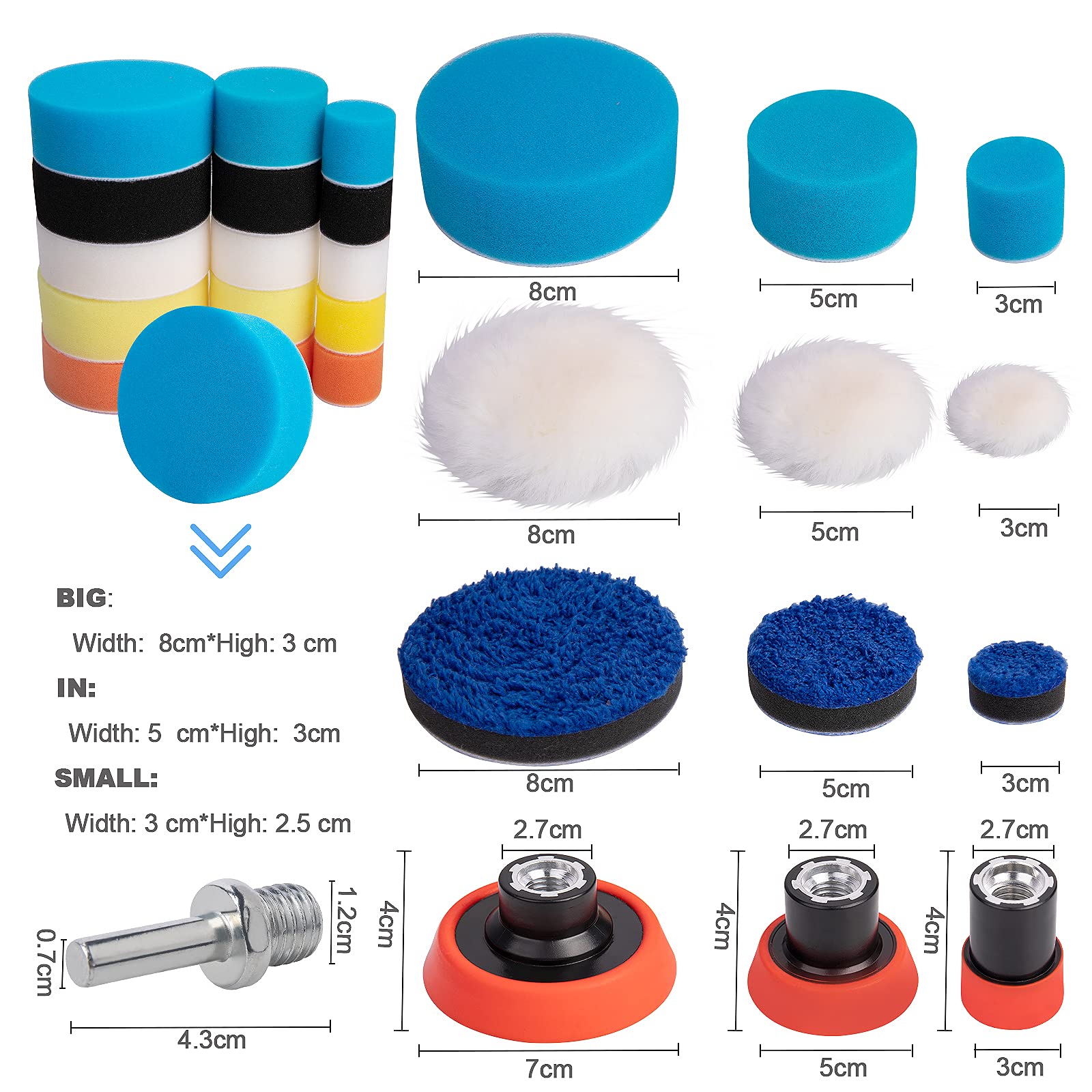 Auspicious 36 Stück Polierschwamm Auto Set - Polierschwamm,25mm, 50mm, 80mm Polierschwämme Polierpad Polieren Pad Schwamm Set mit 1Stück M14 Bohradaptern zum Polieren,Schleifen, Wachse