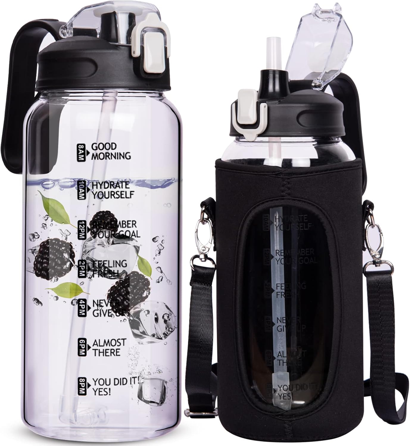 64 oz Motivational Glass Water Bottle with Straw & Time Marker Half Gallon Large Reusable Water Jug BPA-free Borosilicate Drinking Bottle with Flip Top & Sleeve for Infused Water Wide Mouth