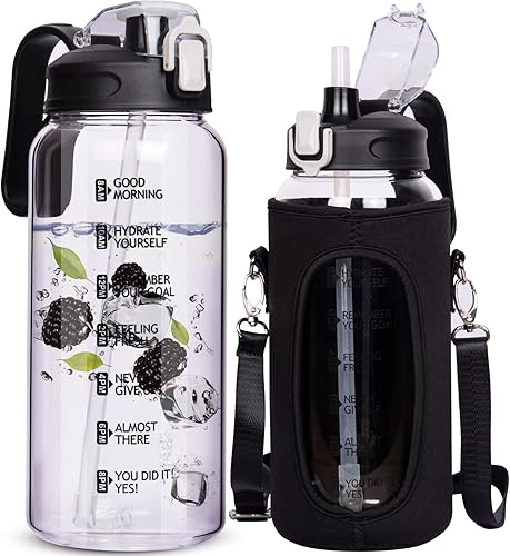 Botella de agua de vidrio motivacional de 64 onzas con popote y marcador de tiempo, jarra de agua grande reutilizable de medio galón, botella de