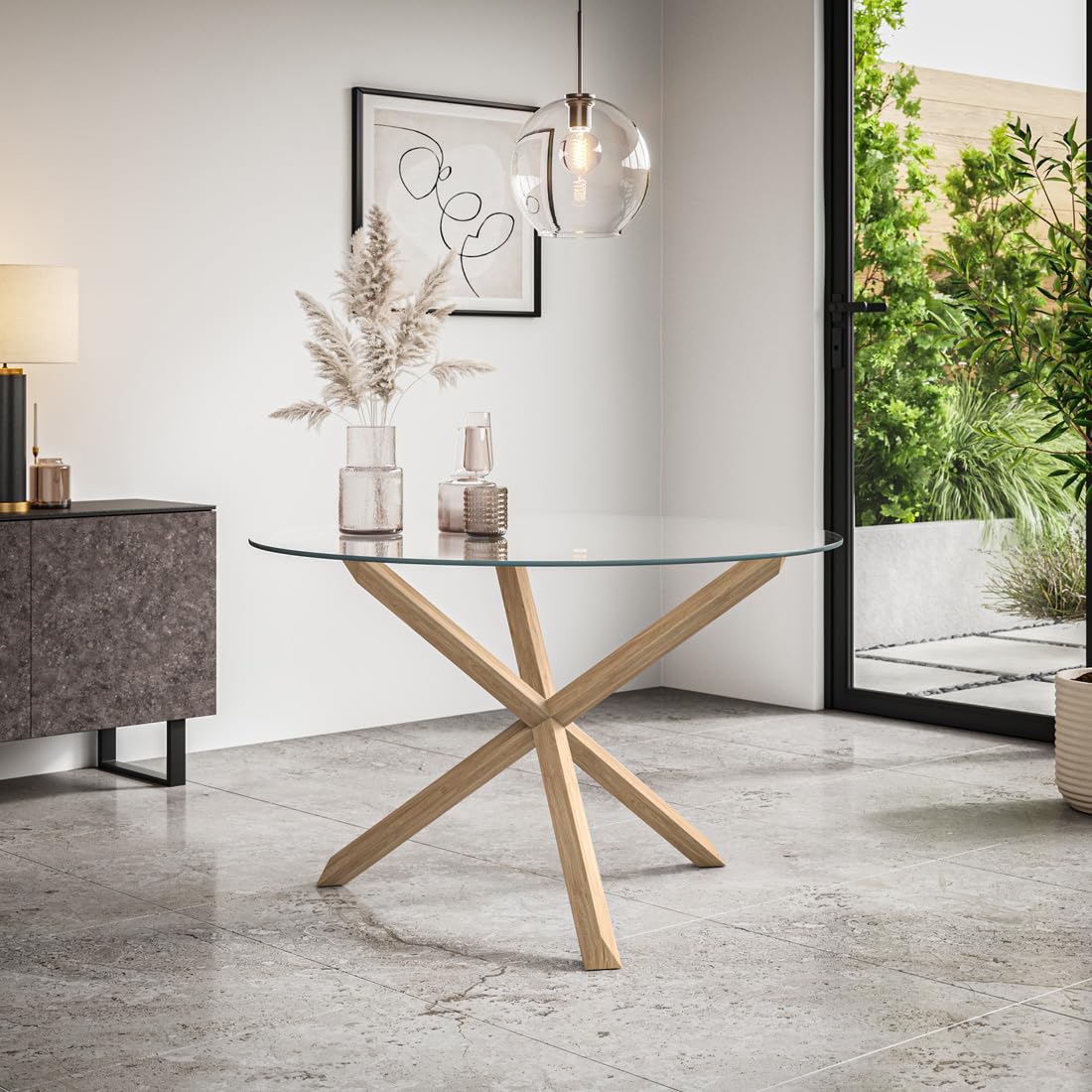 MALVERN 4-6 SEATER ROUND DINING TABLE w SOLID OAK LEGS (Clear Glass)