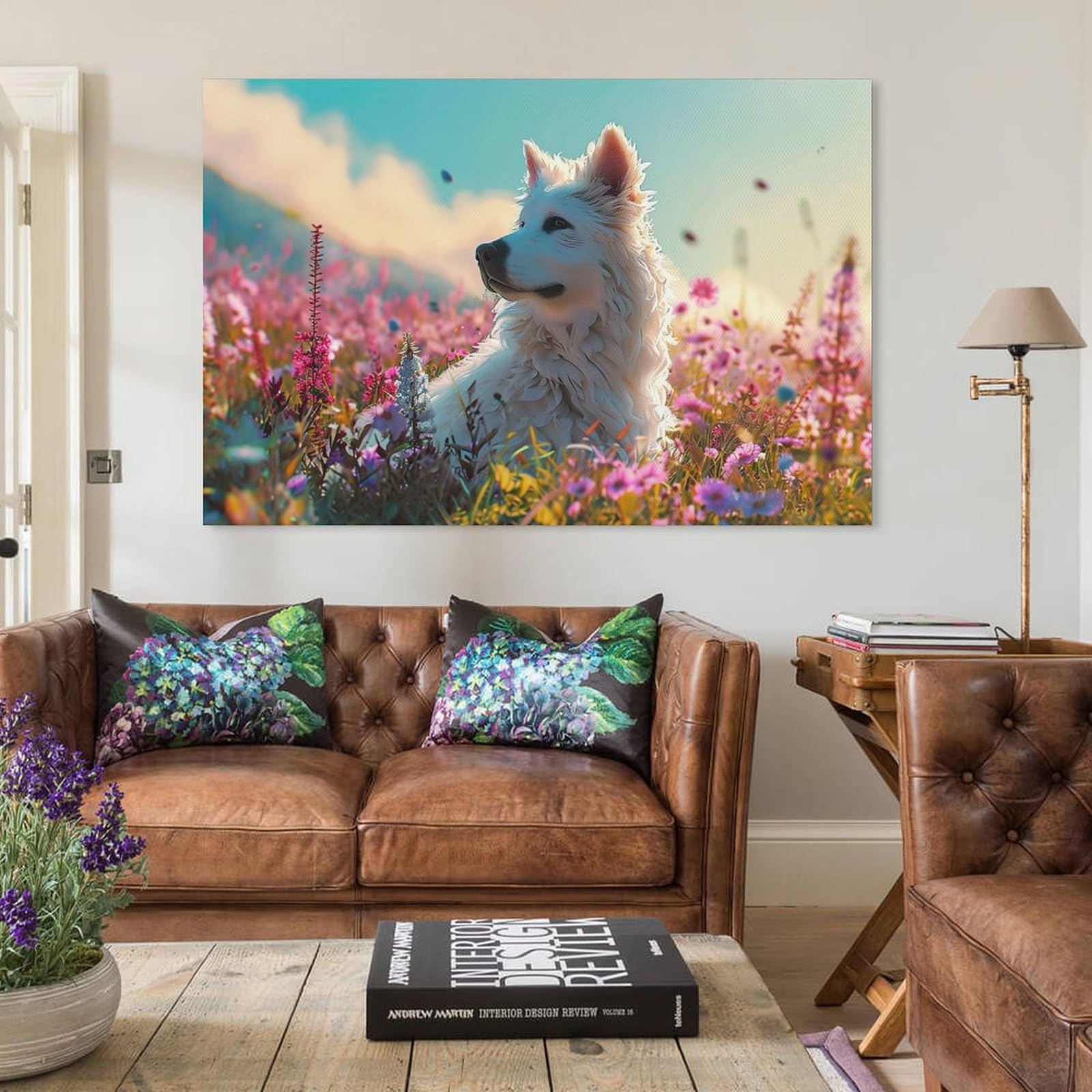 Amazon.co.jp: 絵画 花畑の犬インテリア 絵画 動物イラストアート  