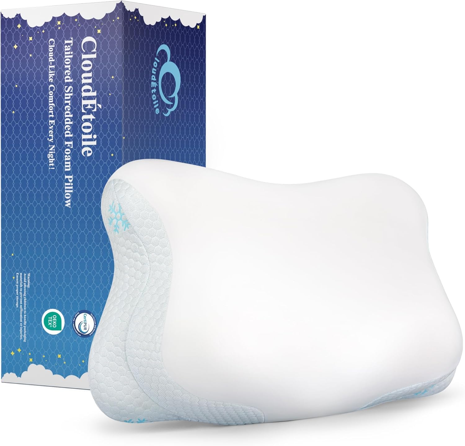 CloudÉtoile Cervical Pillow Memory Foam – 2‑in‑1 Memory Foam Pillow for Deep Sleep, Height‑Adjustable Neck Support Pillows for Back Stomach Side Sleepers, CertiPUR-EU and OEKO-TEX, White