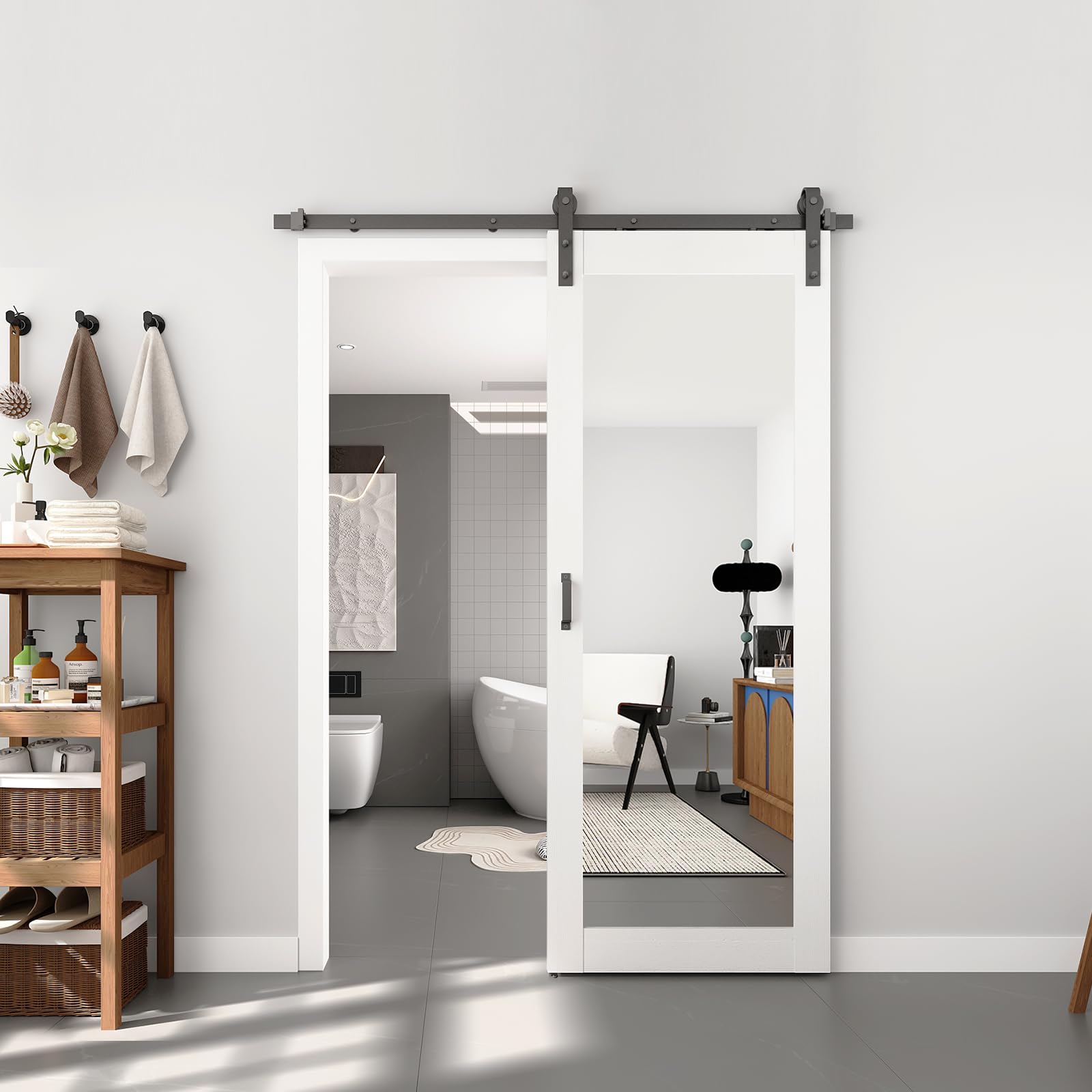 Photo 1 of BARNSMITH 30in x 80in Mirror Barn Door with 5FT Sliding Door Hardware Kit Included, 1 Lites Full Length, Solid Wood Water-Proof PVC Surface,No Assembly Required,White
