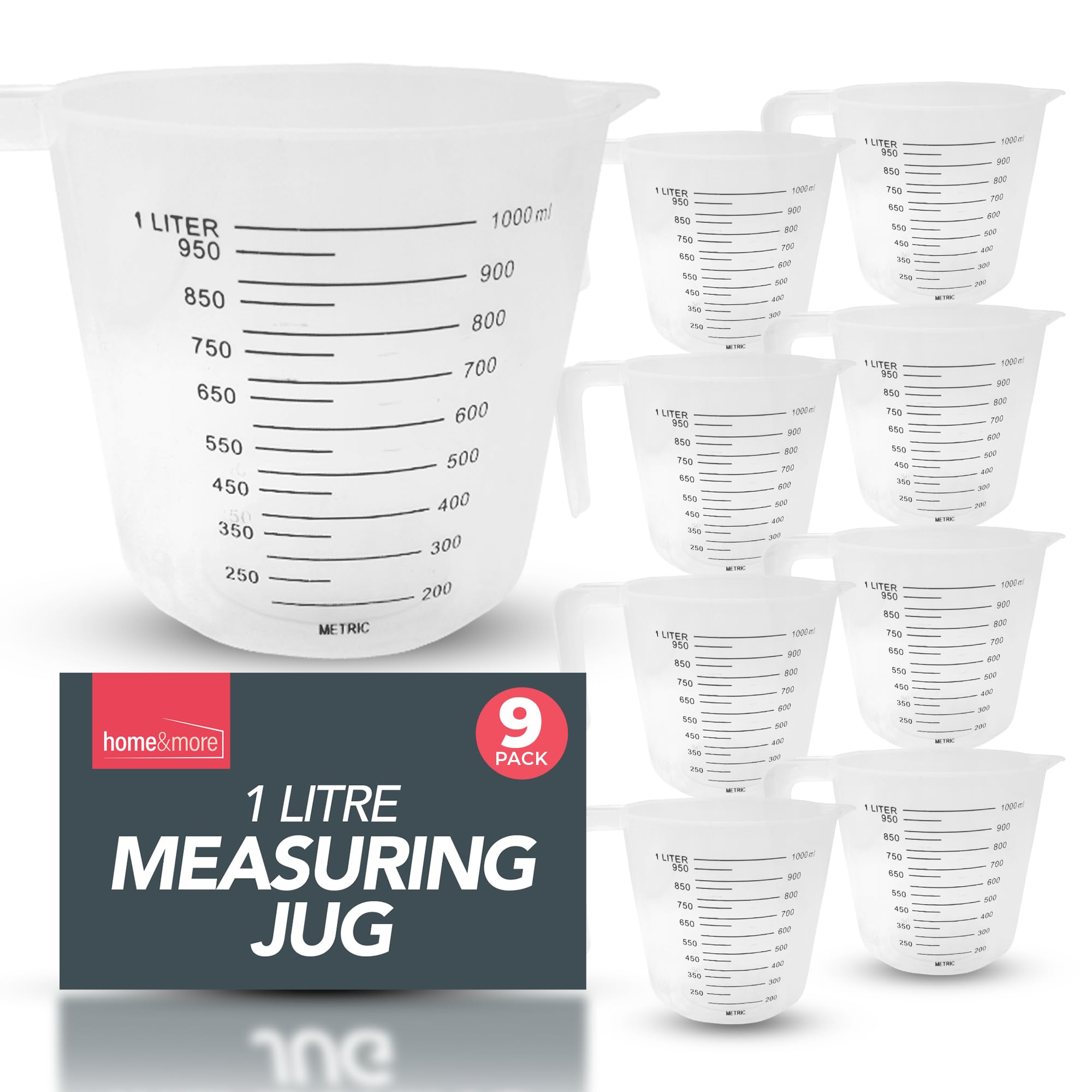 9 Stück Kunststoff-Messbecher, 1 Liter, Kunststoff-Messbecher für Küche und Backen, Kunststoff-Krüge, 1 Liter, Kunststoff-Krug mit Messskala und einfaches Ausgießen, Messbecher, Kunststoff mit SOL