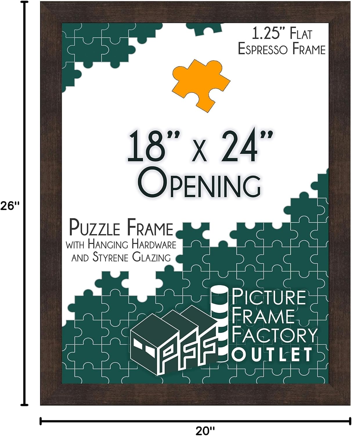 PictureFrameFactoryOutlet (1) -18x24-1.25" Flat Espresso Profile - Puzzle Frame - Hanging Hardware and Plexiglass Included