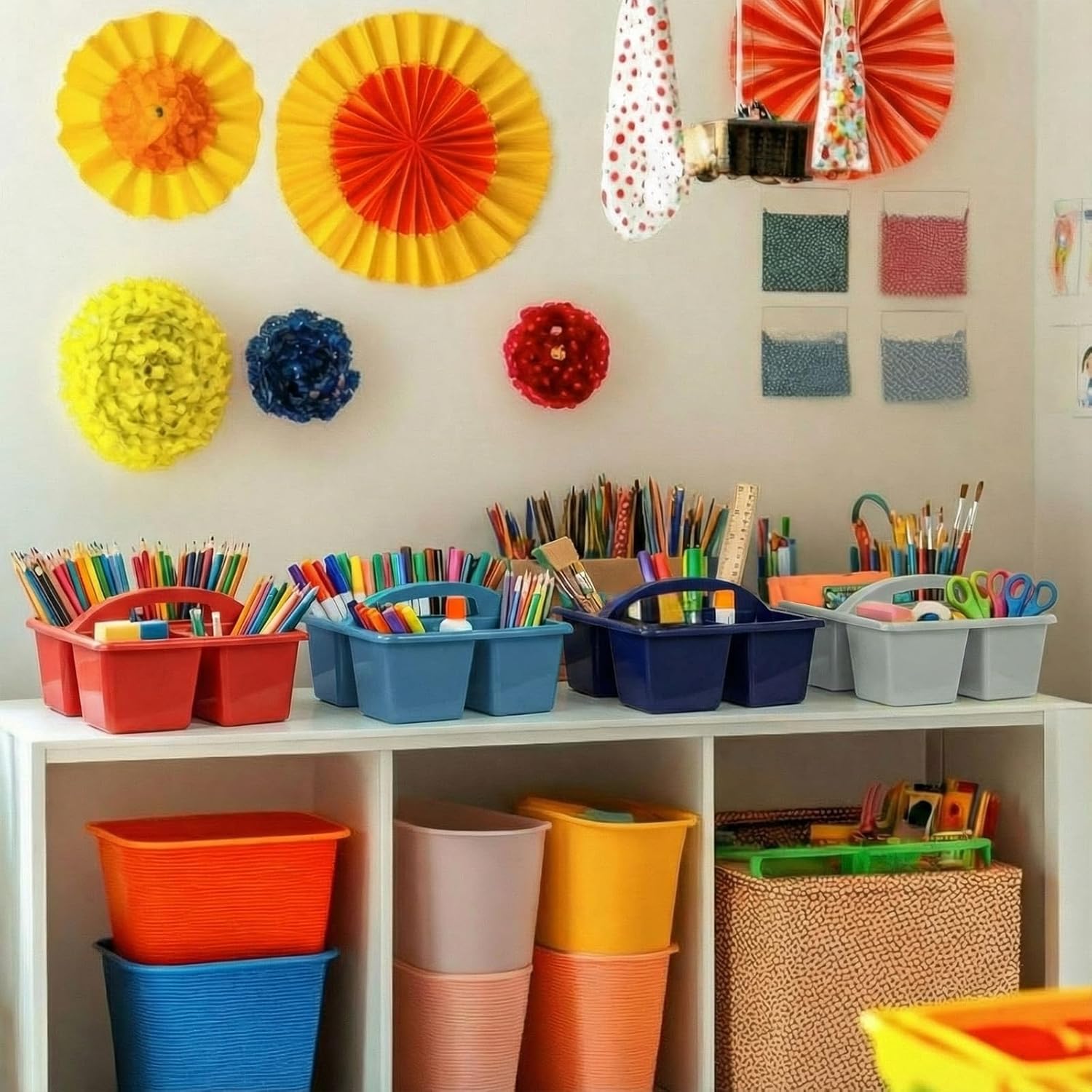 Kathfly 8 Pack Caddy Organizer with Handle, Stackable Organization Storage, Small Plastic Basket Classroom Caddy for Table Desk Office Pencil Kids Room Craft Art Teacher School Supplies (Blue Orange)