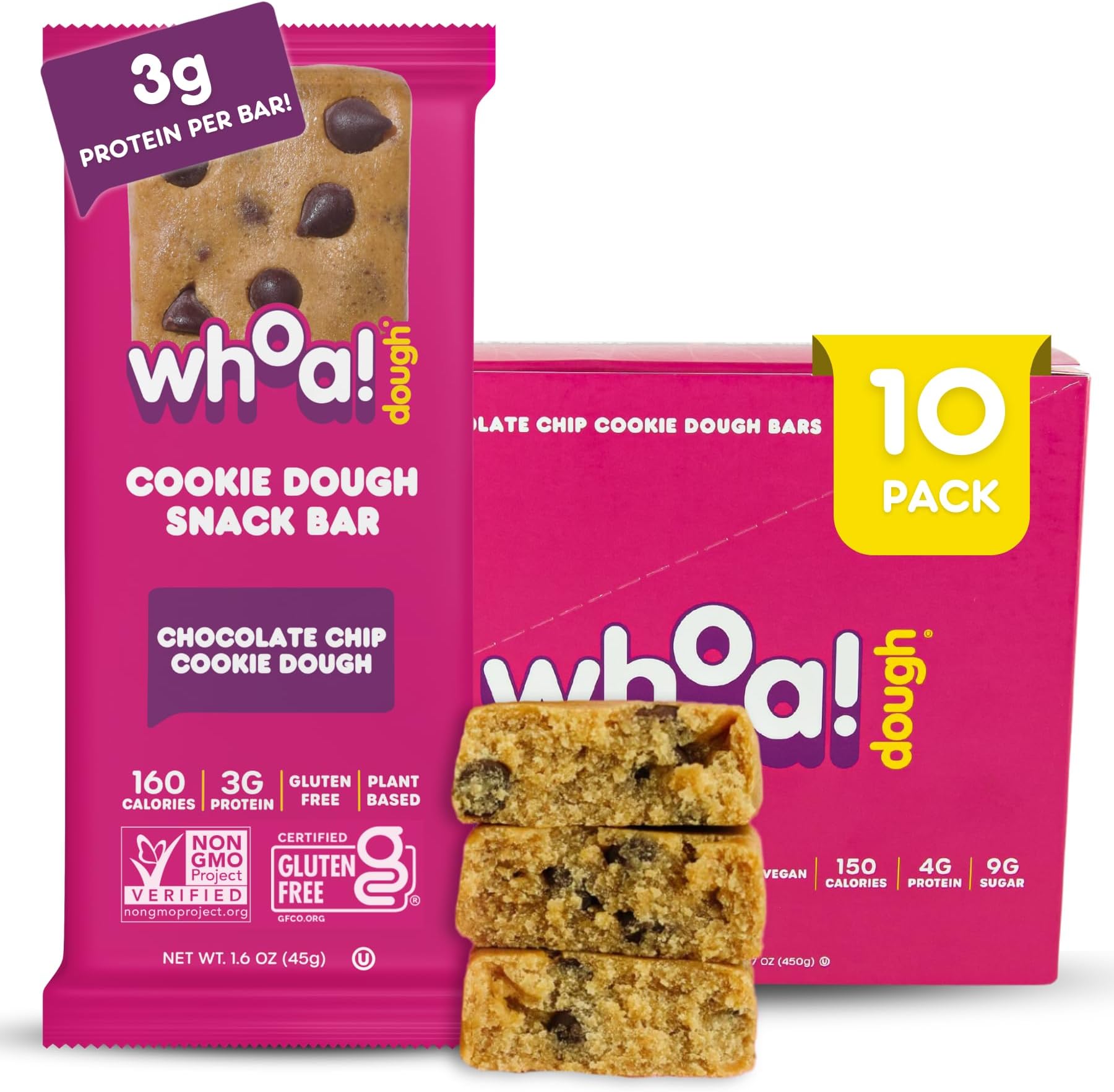 - Whoa Dough Edible Cookie Dough Bars- Certified Non-GMO, Kosher and Gluten Free Bars - Healthy Snack Foods - Plant Based Snacks Made With Real Ingredients - Chocolate Chip Cookie Dough - 10 Pack
