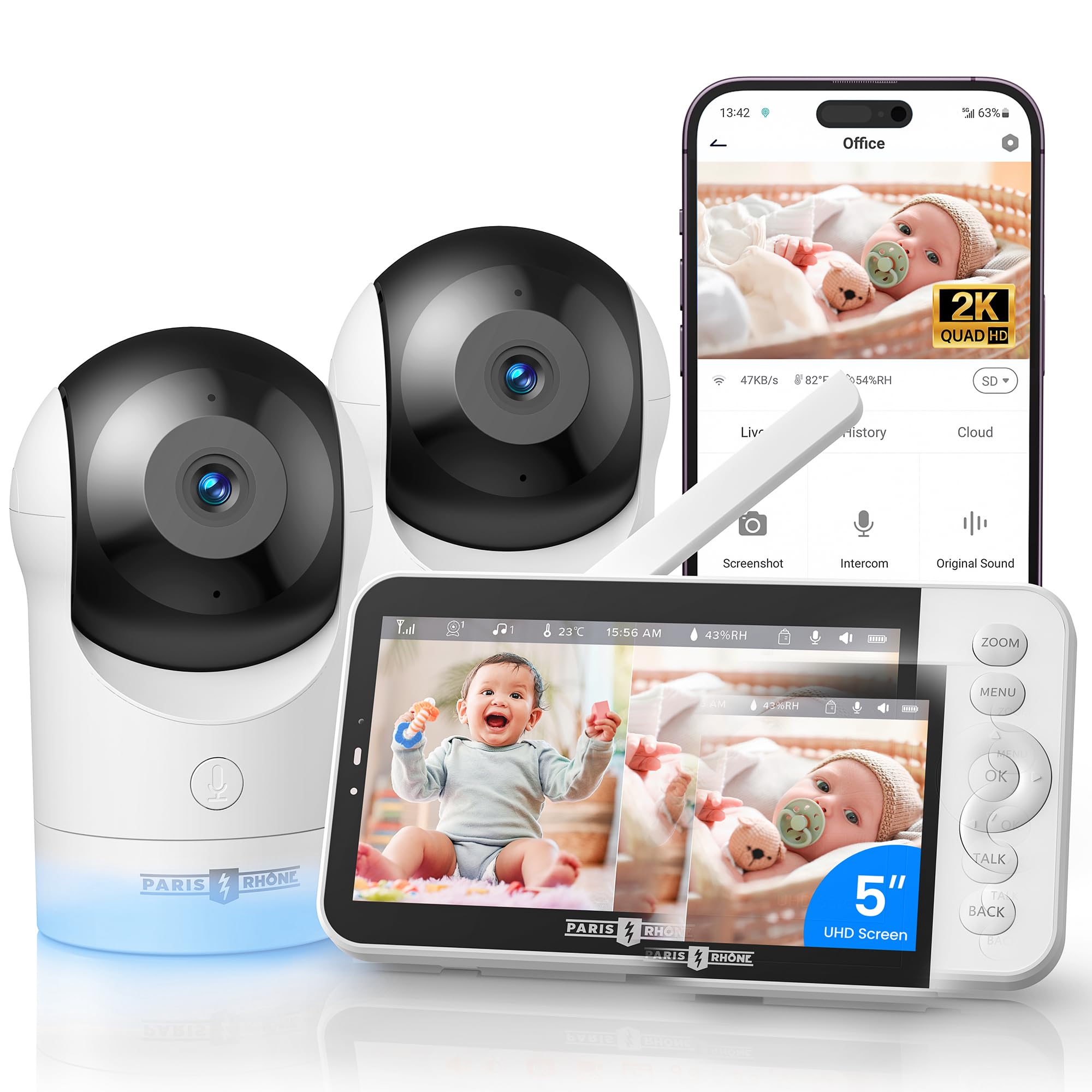 PARIS RHÔNE Babyphone mit 2 Kameras, 5" WiFi Babyphone mit APP, 2K UHD, Nachtlicht, Bewegungs-/Schreierkennung, Temperatur- und Luftfeuchtigkeitsüberwachung, Schlaflied
