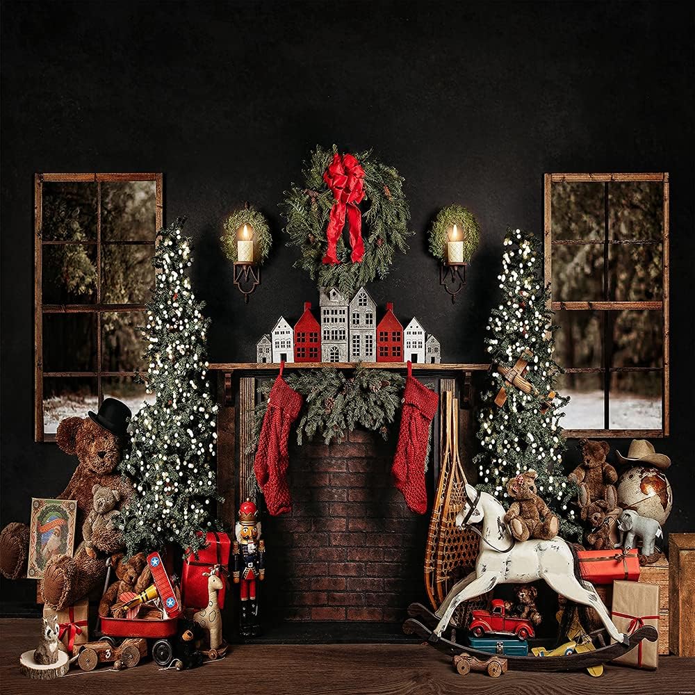 Avezano 8x8ft Christmas Photography Backdrop Brick Fireplace Windows Toys Red Sock Gifts Background for Photo Studio Christmas Tree Newborn Portrait Photography Background