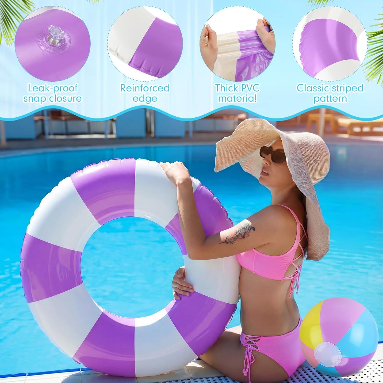 12 Pcs Pool Floats Included 6 Pastel Inflatable Beach Balls and 6 Swimming Rings for Adults, Jumbo Big Macaron Beach Balls Striped Tubes for Summer Pool Supplies