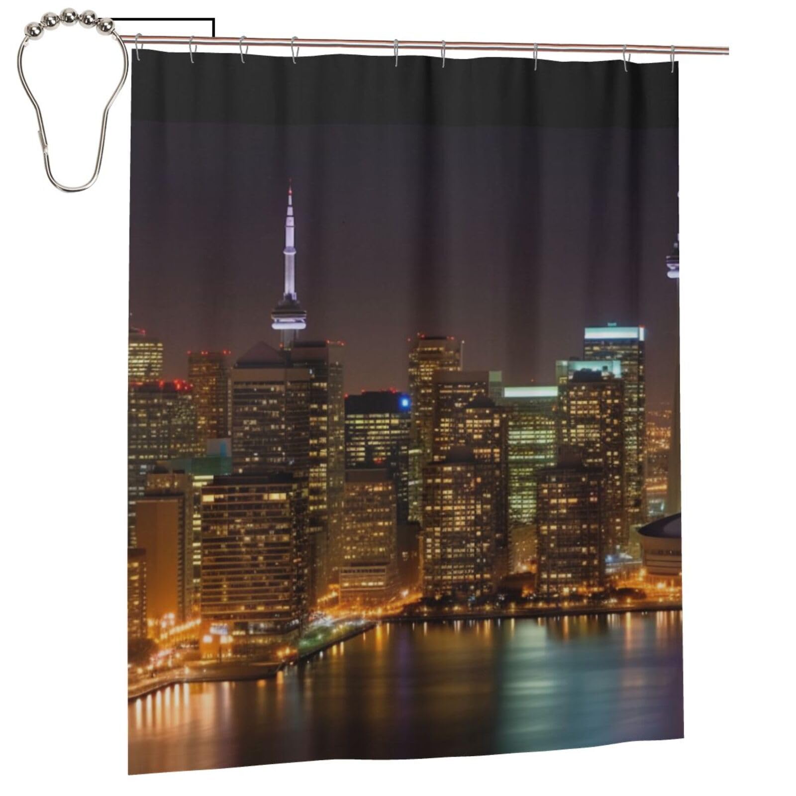BWWHCCTI Cityscape Night Canada Printed Shower Curtain With 12 Iron Hooks Opaque Quick Drying Waterproof Shower Curtains Sets For Bathroom 152x183 Cm