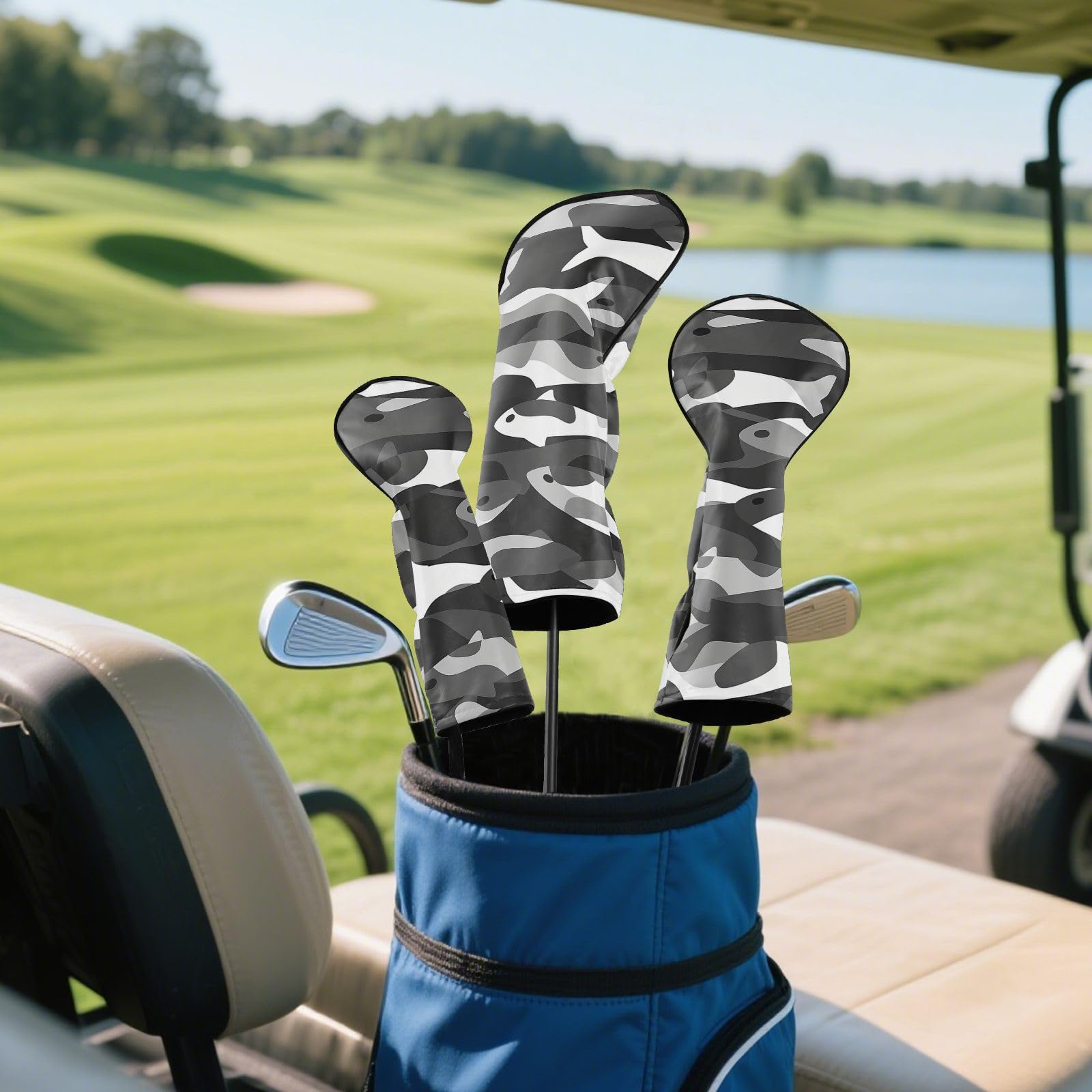 Golfschlägerhauben aus hochwertigem Leder mit austauschbaren Nummern für Fahrer, Fairway-Holz-Hybrid, Schwarz und Weiß, Camouflage, Lachs, 1 Stück