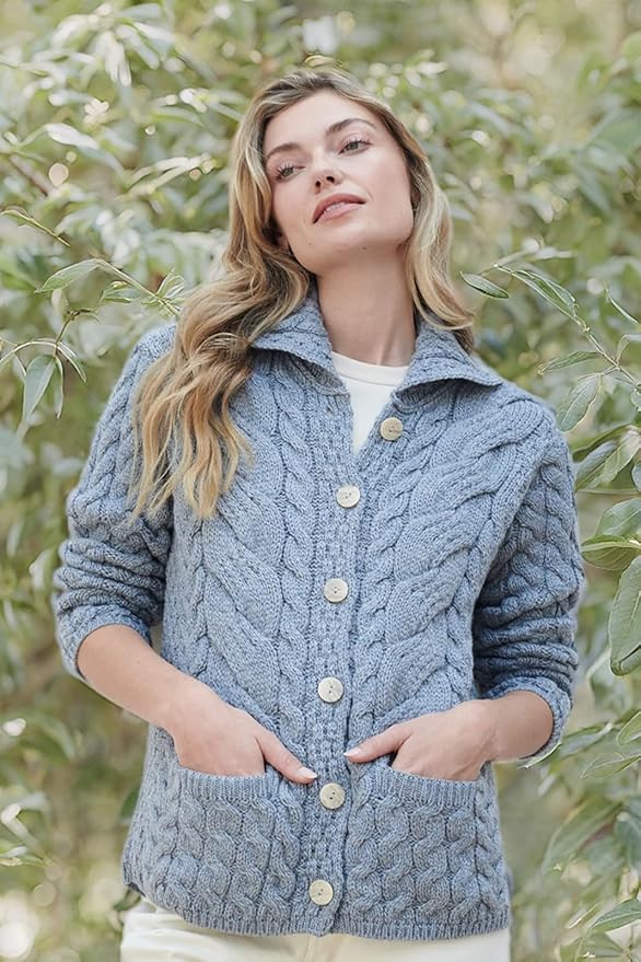 Cardigan Femme 100% Laine Mérinos Aran – Fabriqué En Irlande, Motifs Traditionnels, Col Arrondi – Style Intemporel