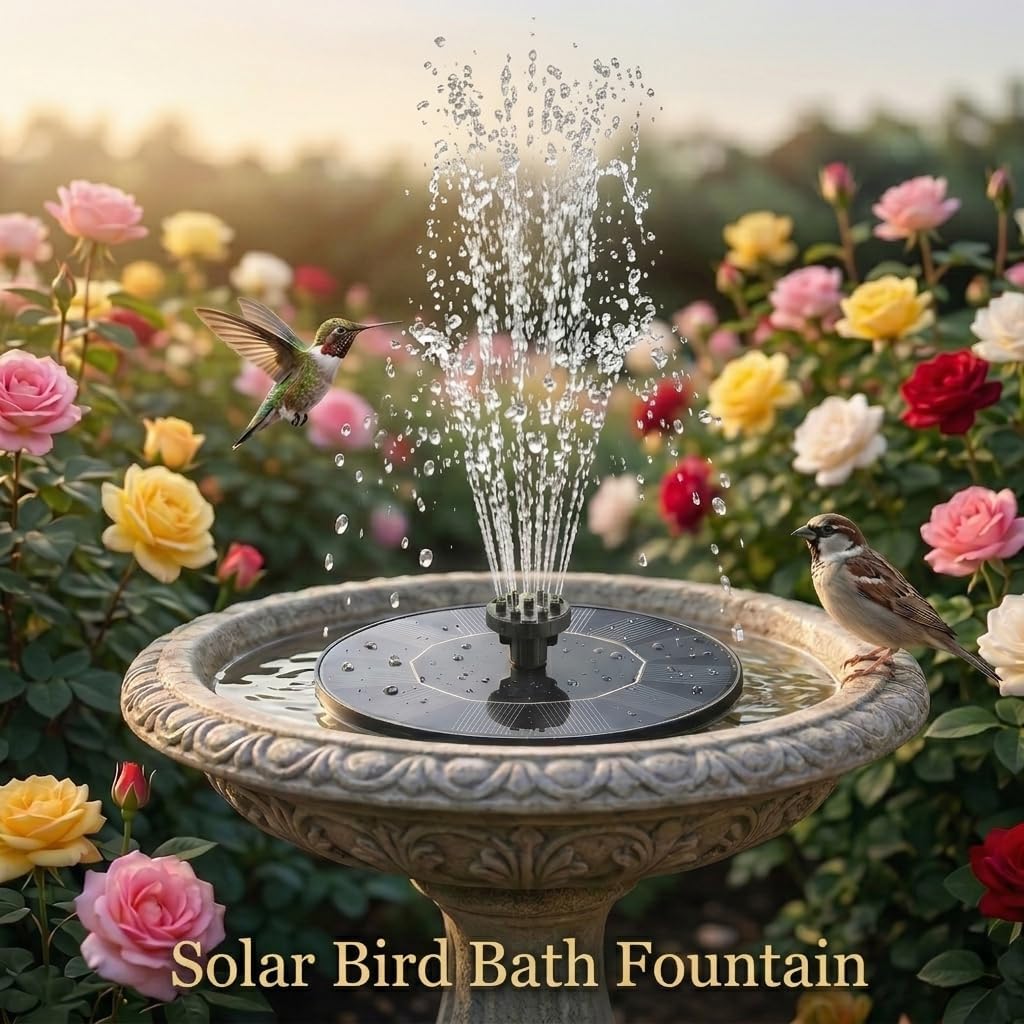 Solar Bird Bath Fountain (16cm), Bird Bath Pump 1.4W Solar Fountain Pump with 6 Nozzles, Floating Solar Powered Water Fountain for Bird Bath, Garden Pond, Pool, Outdoor Water Feature