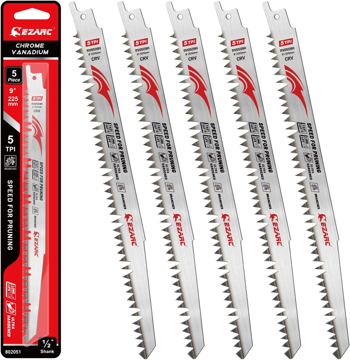EZARC Wood Pruning Reciprocating Saw Blade 9 Inch, Fleam Ground Teeth Pruning Saw Blades for Tree Trimming, Wood Cutting, 5 Pieces