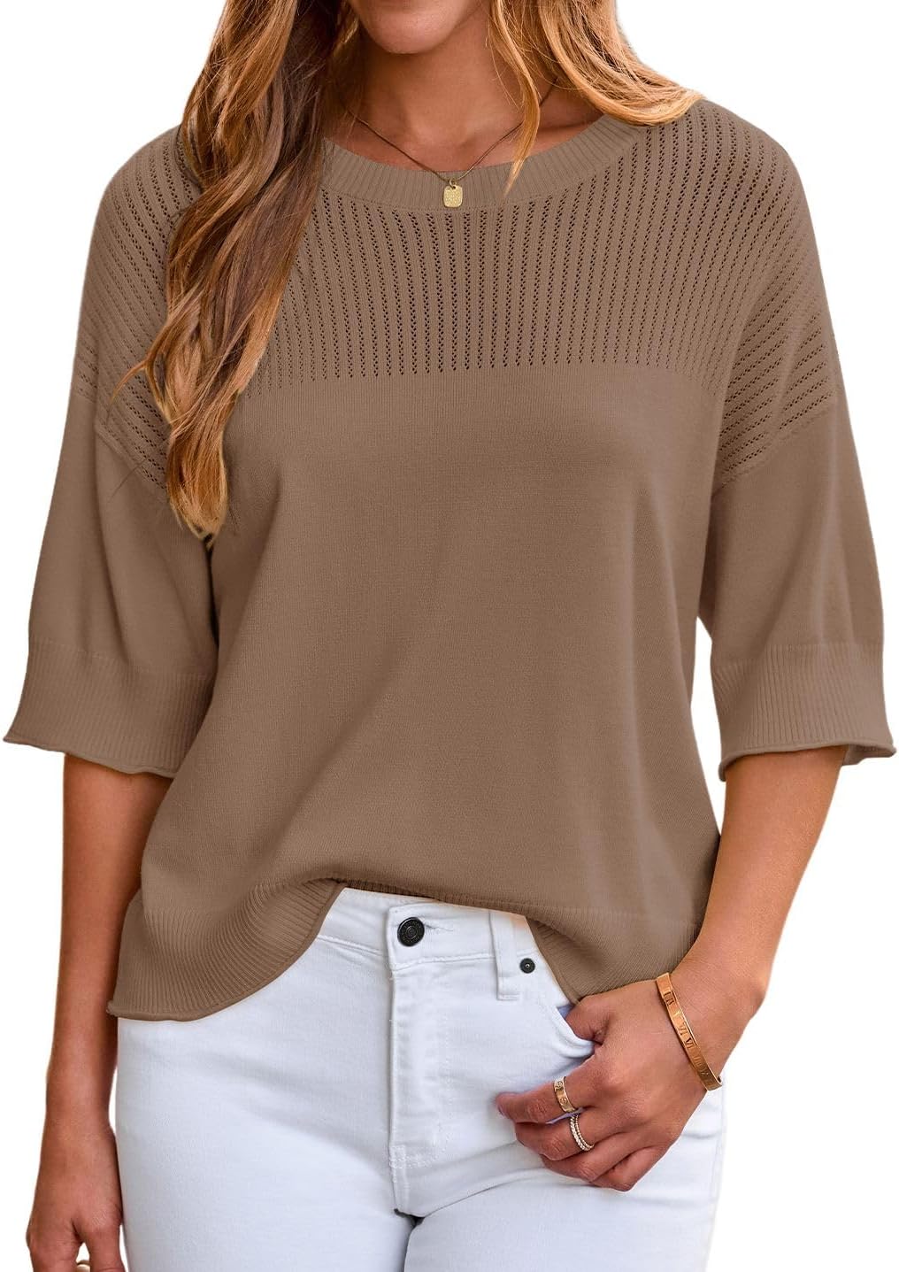 Dokotoo Womens Half Sleeve Casual Oversized Trendy Sweaters Crewneck Cropped Sweater Knit Tops - Image 2