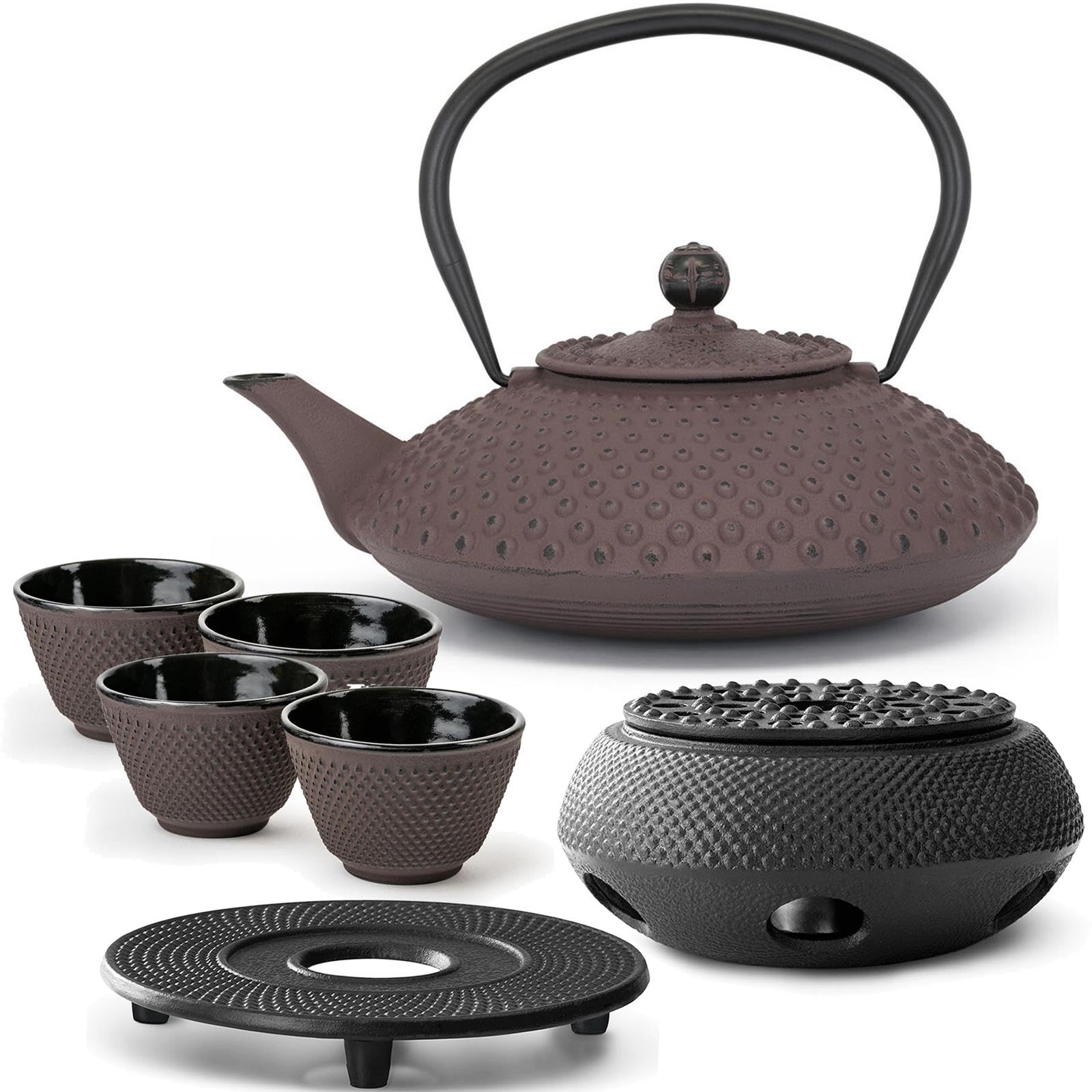 Bredemeijer Gusseisen Teekanne 1.25 Liter Induktion - flache Asia Gusskanne aubergine im Set mit 4 Teebecher (Tassen) Untersetzer & Stövchen & Teefilter-Sieb-Einsatz