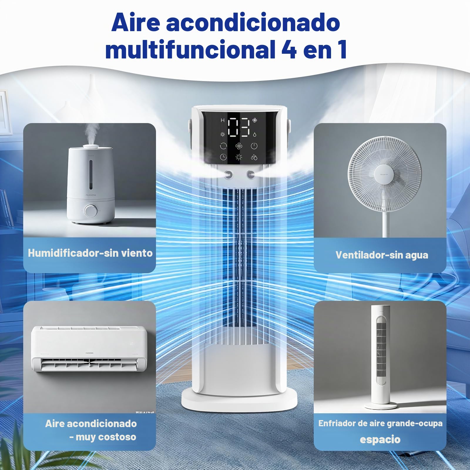 Aire Acondicionado Portátil 4 en 1, Enfriador de Aire 700ML con 2 Modos de Nebulización, Oscilación de 90°, Modo Tormenta y Temporizador para Cocina, Casa, Oficina, Blanco Puro