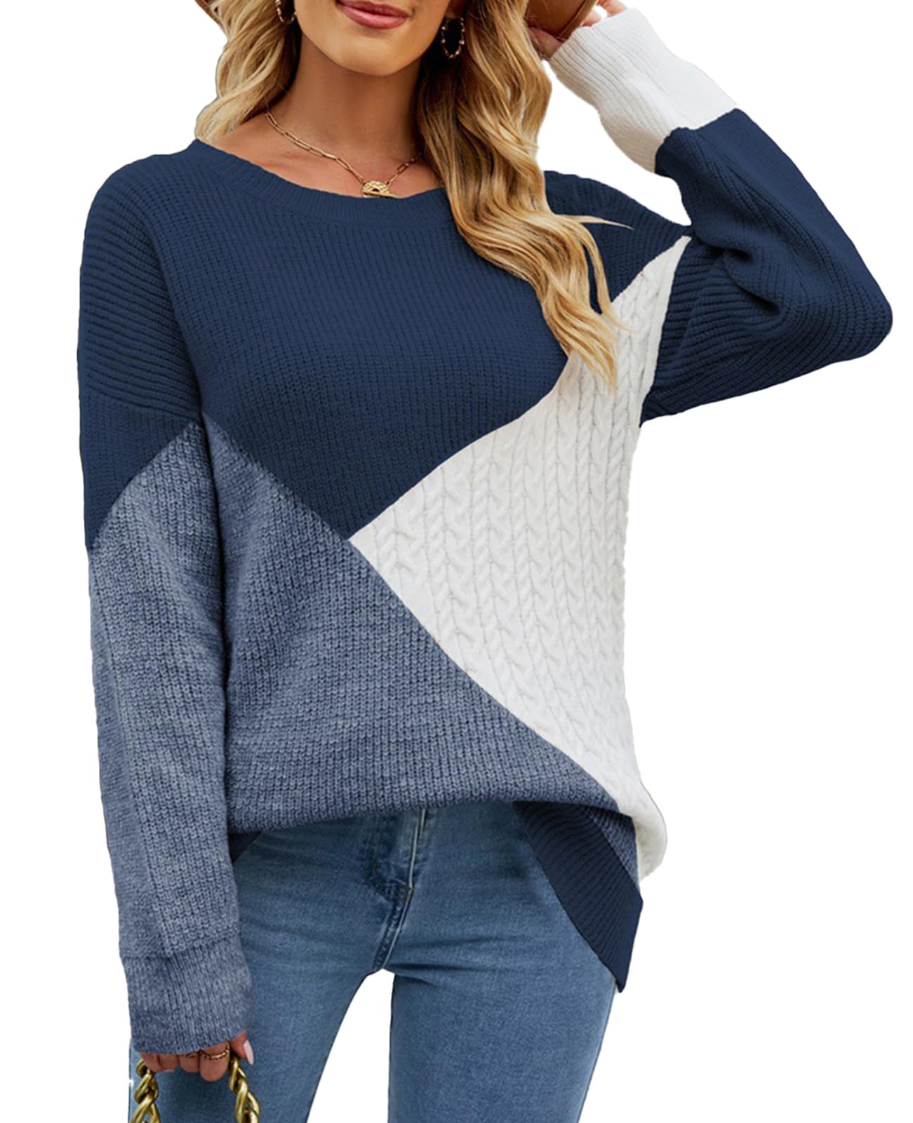 NLAND Maglione Donna Blocchi di Colore Pullover in Maglia Casual Autunnale Invernale Girocollo Colletto Rotondo Maglia Caldo a Manica Lunga Pullover Top