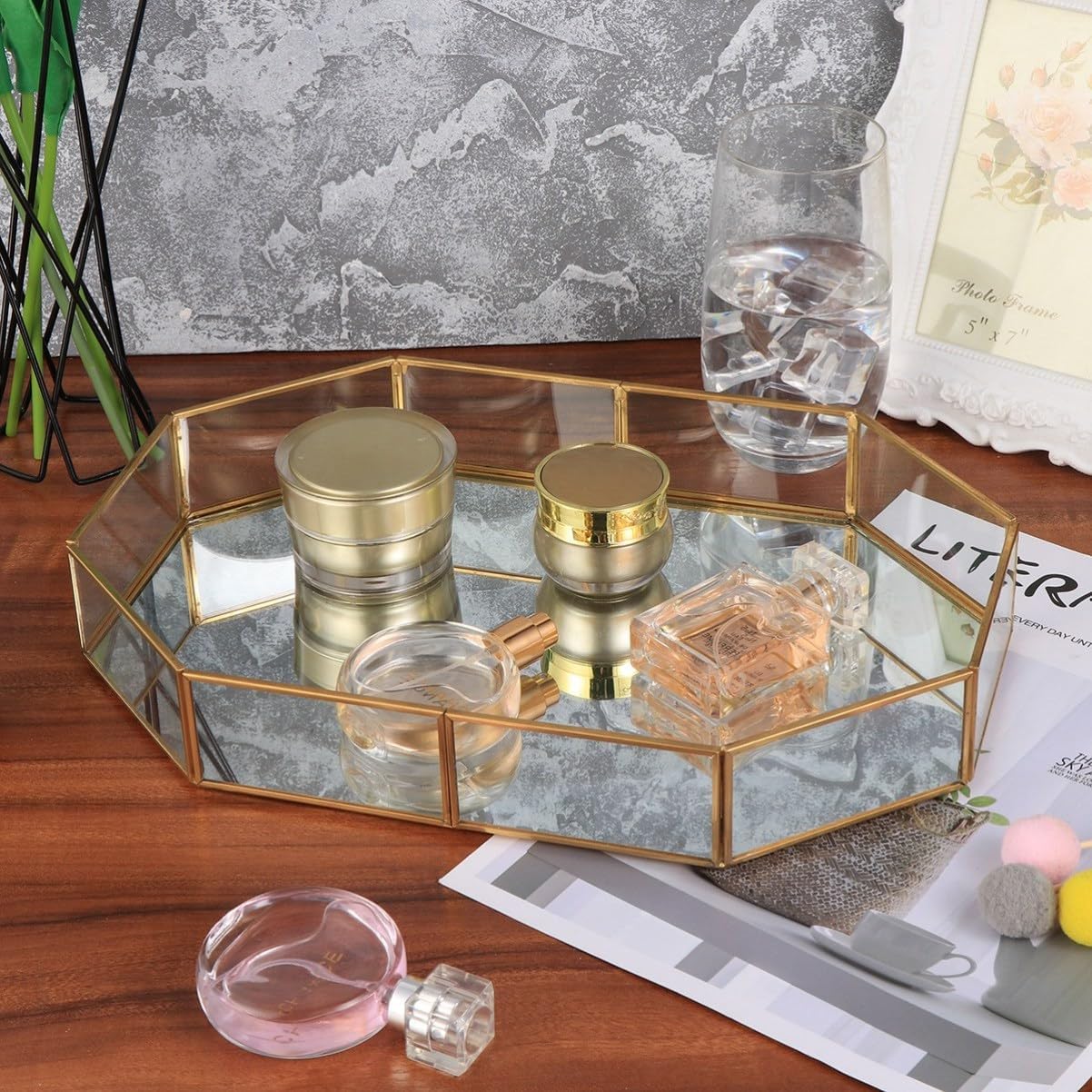 Decorative Copper Structure Mirrored Jewelry Tray Glass Organizer for Vanity for Storing Jewelry Accessories and Items