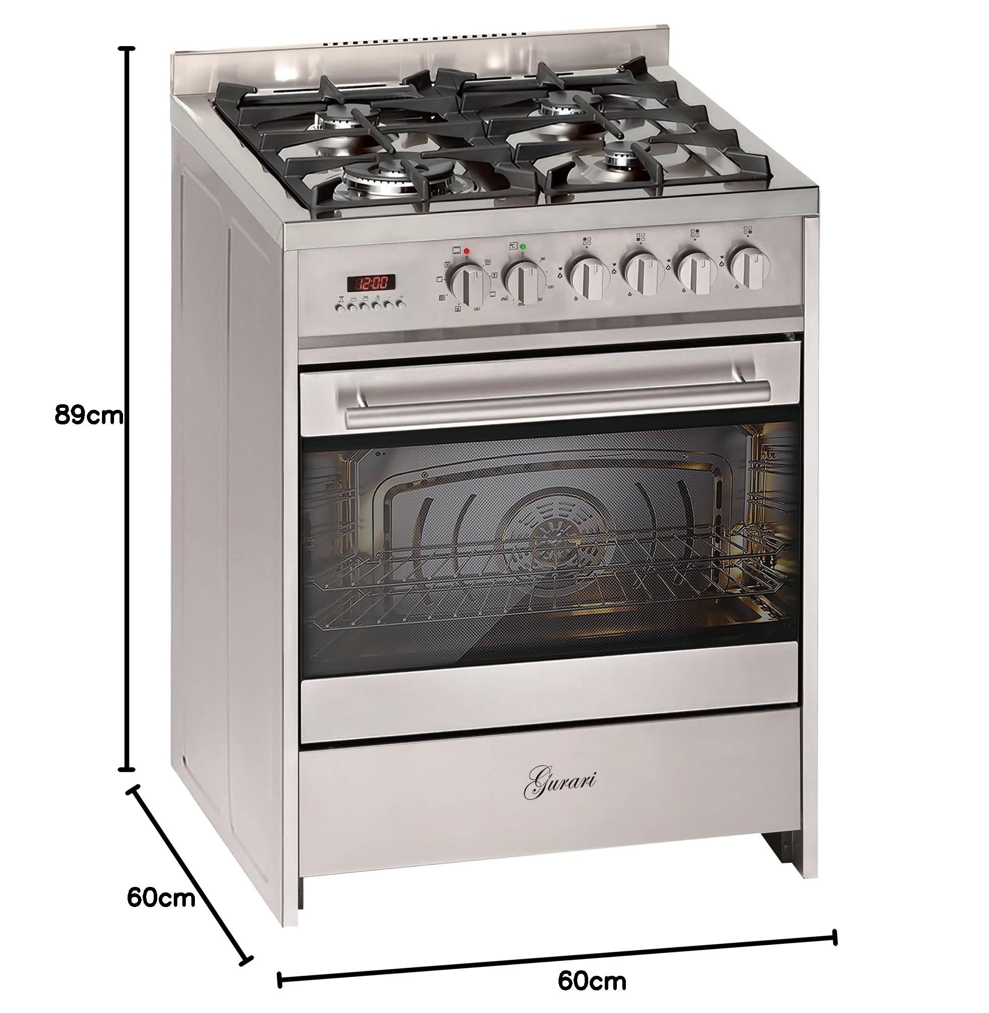 Gurari Gasherd mit Elektrobackofen GCH E 610 X • Standherd 60 cm aus Edelstahl • Herd mit Erdgas oder Propangas • Multi Backofen 60 L • 4 Kw • WOK • Gas Standherd • Range Cooker