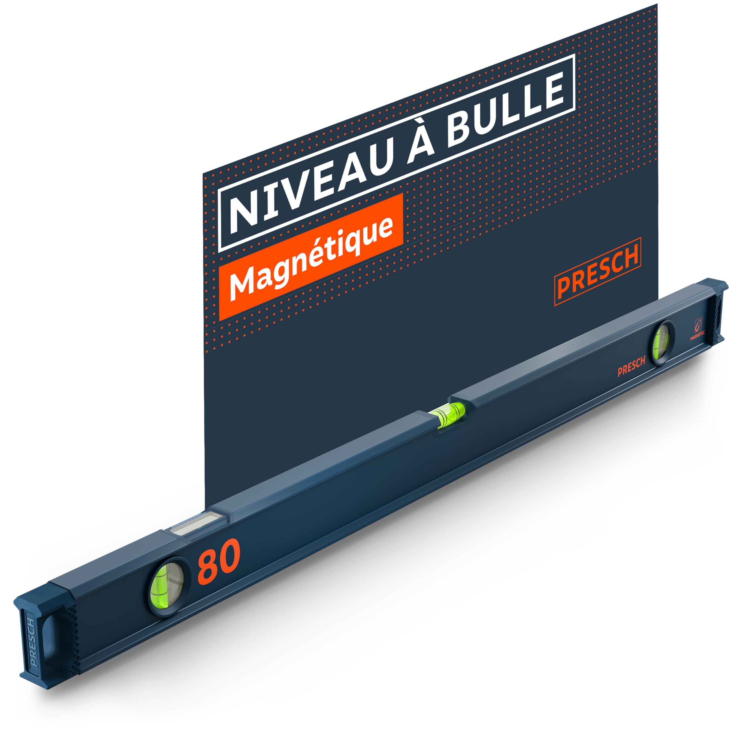 Presch Niveau à Bulle Magnétique 80cm - Fiole incassable avec pente 2% - Fenêtre de lecture verticale - Embouts antidérapants innovants - Surface de mesure précise