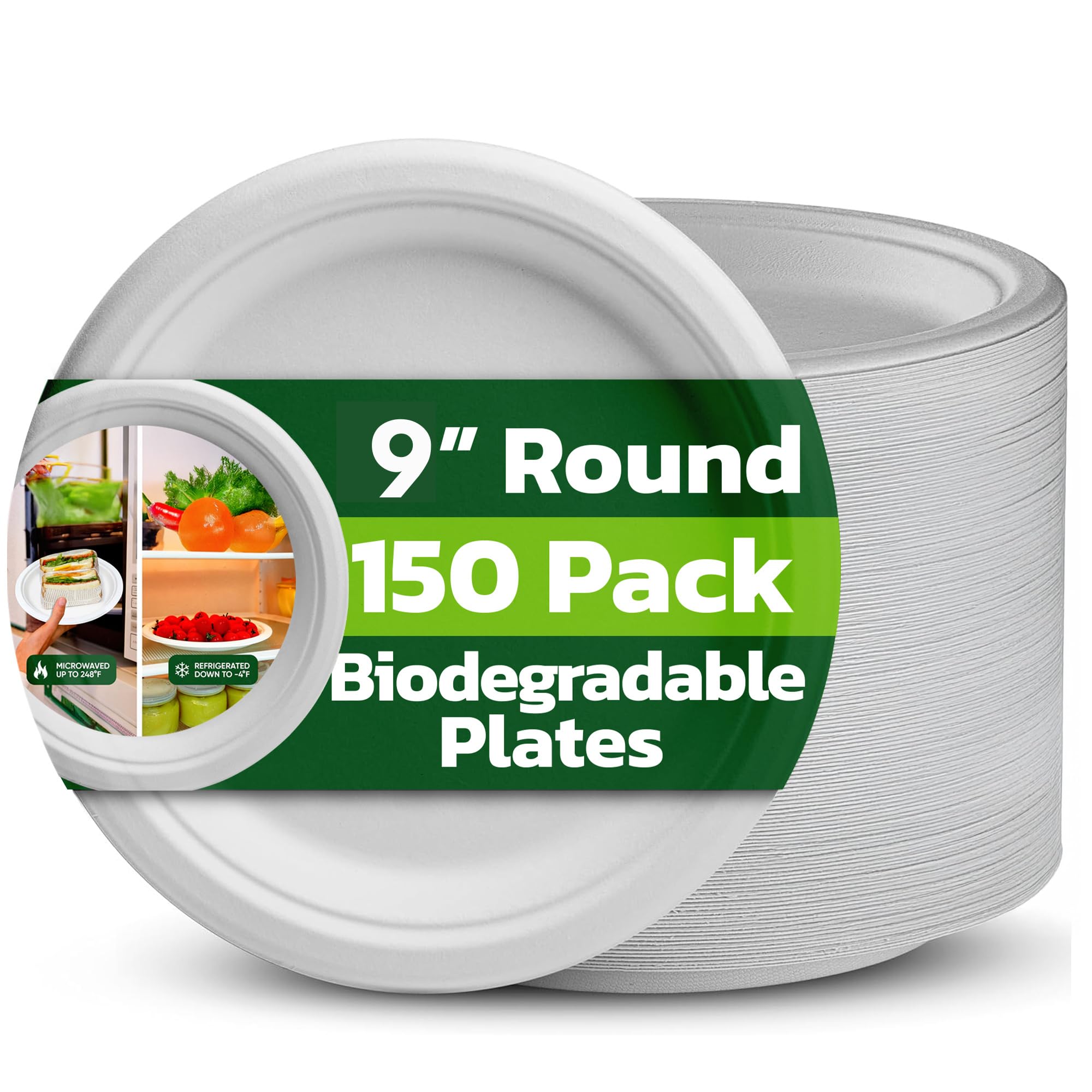 100% Compostable 9 Inch Strong Disposable Paper Plates – 150 Pack Heavy-Duty Eco-Friendly Biodegradable White Natural Bagasse Plates for Party Christmas Picnic Home Office