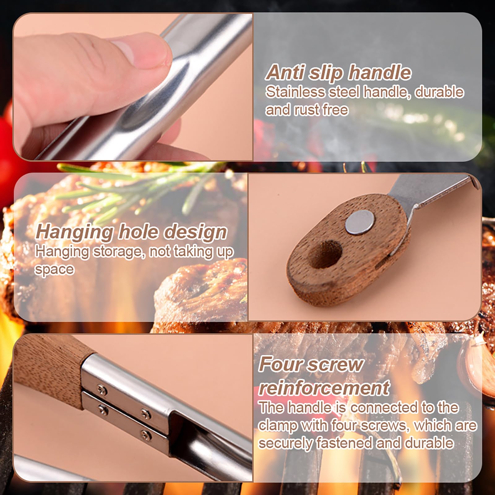 Pince à cuisiner avec pointes en bois, pince de cuisine de qualité supérieure en bois et acier inoxydable, idéale pour barbecue, salade, pain, concombre, en bois de noyer naturel