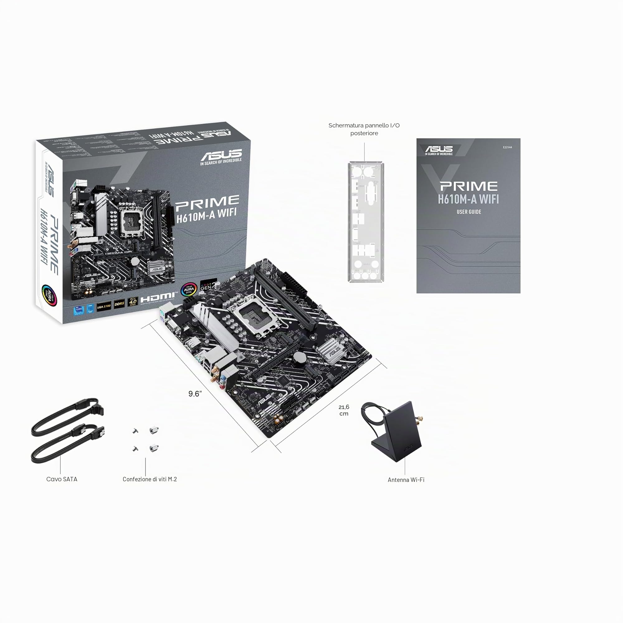 ASUS PRIME H610M-A WIFI, Scheda Madre Intel Micro ATX, Slot DDR5, Nera | LGA 1700, 4 SATA 6Gb/s, 2 slot M.2, WIFI 5, Ethernet Intel, DisplayPort, HDMI, USB 3.2 Gen 2 e Type-C, Aura Sync
