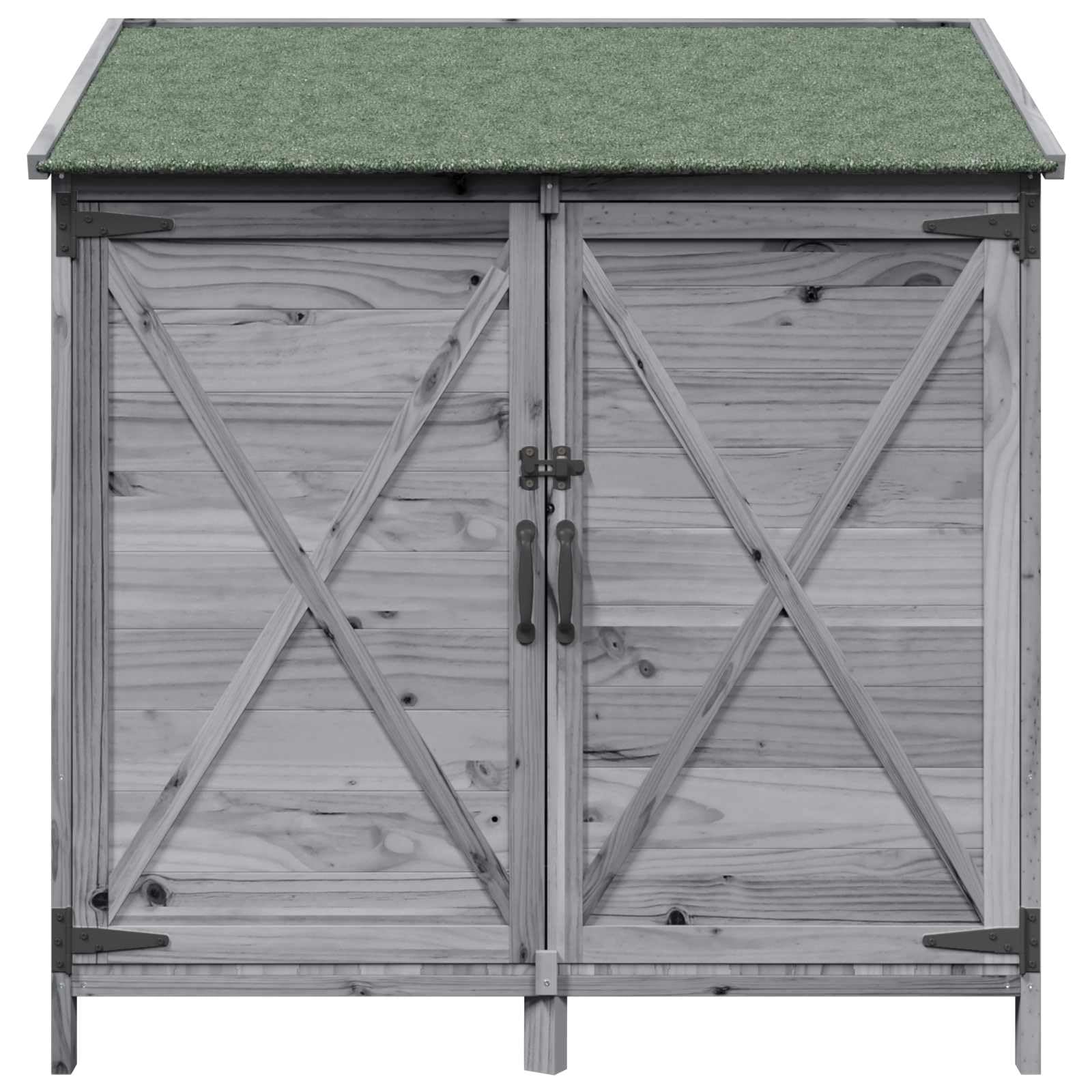 Domek ogrodowy, szary, materiał drewnopochodny, 106 x 56 x 113,5 cm, z drzwiami wentylacyjnymi i nachylonym dachem asfaltowym, schowkiem na narzędzia ogrodowe, narzędzia, rower, odporne na