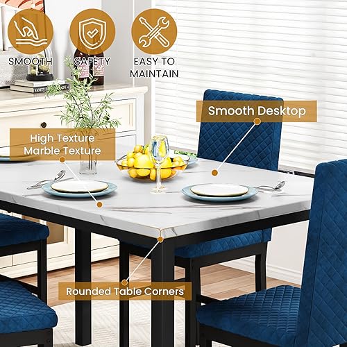 Miniatura 6 de DKLGG Juego de mesa de comedor para 4, mesa de cocina de mármol sintético con sillas de comedor tapizadas de terciopelo, juegos de comedor pequeños