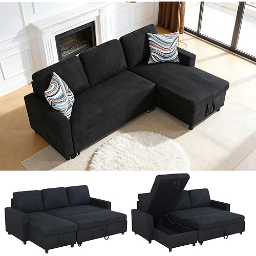 Queen Sleeper Sofa, 83 Inch Convertible Sofa Bed with Storage, Modular Sectional Couch with Pull Out Bed, L Shaped 3 Seat Sectional Sleeper Sofa for Living Room, Apartment, Black