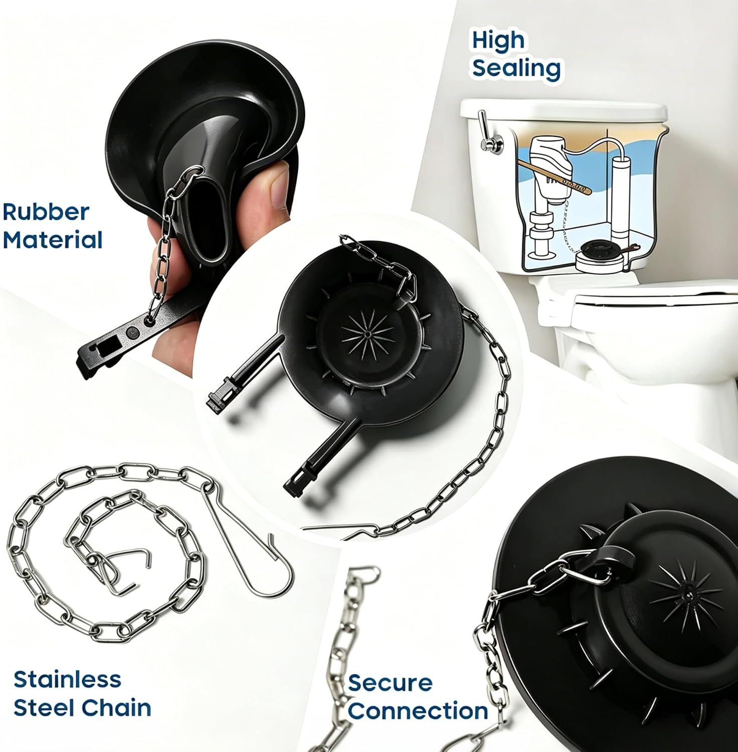 Universal 2-Inch Toilet Flapper Replacement Kit, Long-Lasting Silicone Seal Toilet Tank Flapper with Stainless Steel Chain, Water-Saving Flush Valve Stopper.（BLACK,1-PACK)