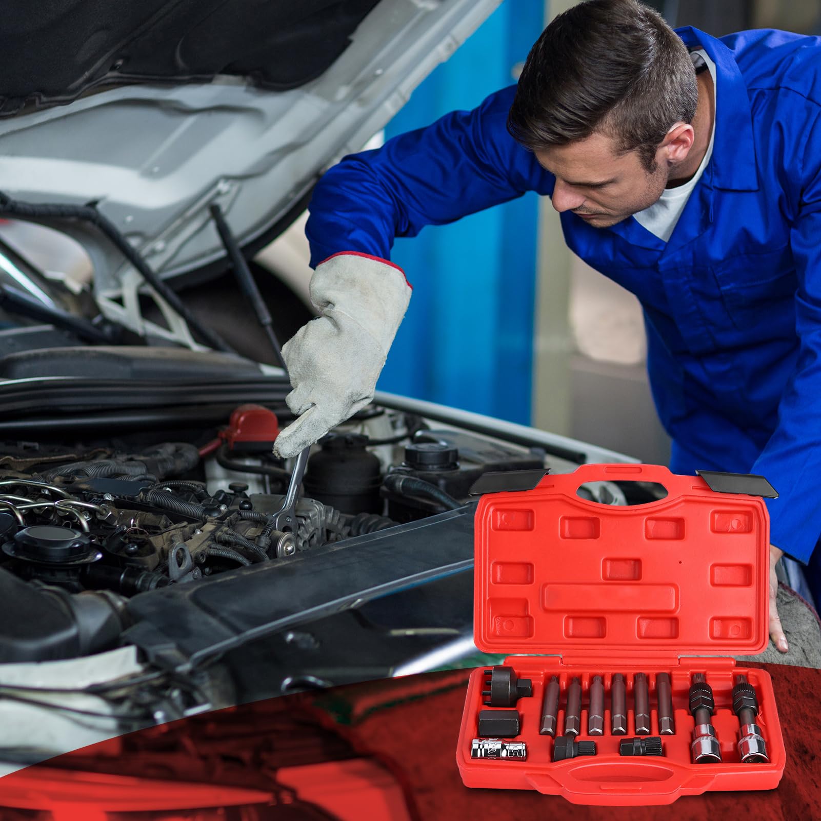 13 Pezzi Set di Attrezzi e Terminali per Chiavi a Bussola, Chiavi Smontaggio Puleggia e Alternatore Motore Auto, Kit di Riparazione Auto per Smontaggio e Montaggio