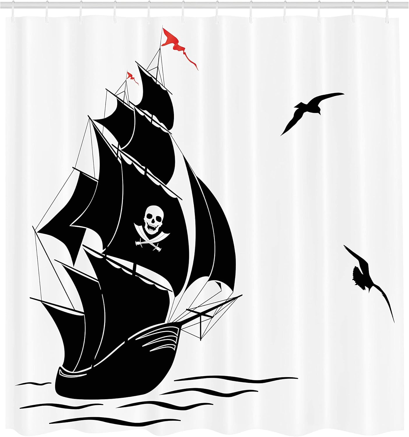 Ambesonne Pirate Shower Curtain, Silhouette of Old Sail Pirate Ship Flying Seagulls Ocean Waves Jolly Roger, Cloth Fabric Bathroom Decor Set with Hooks, 69" W x 70" L, Black White