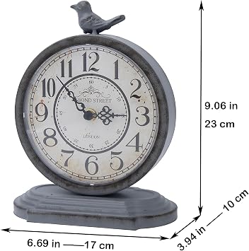 Vintage Table Clock 23cm Silent Non Ticking Artistic Bird Mantel Clock