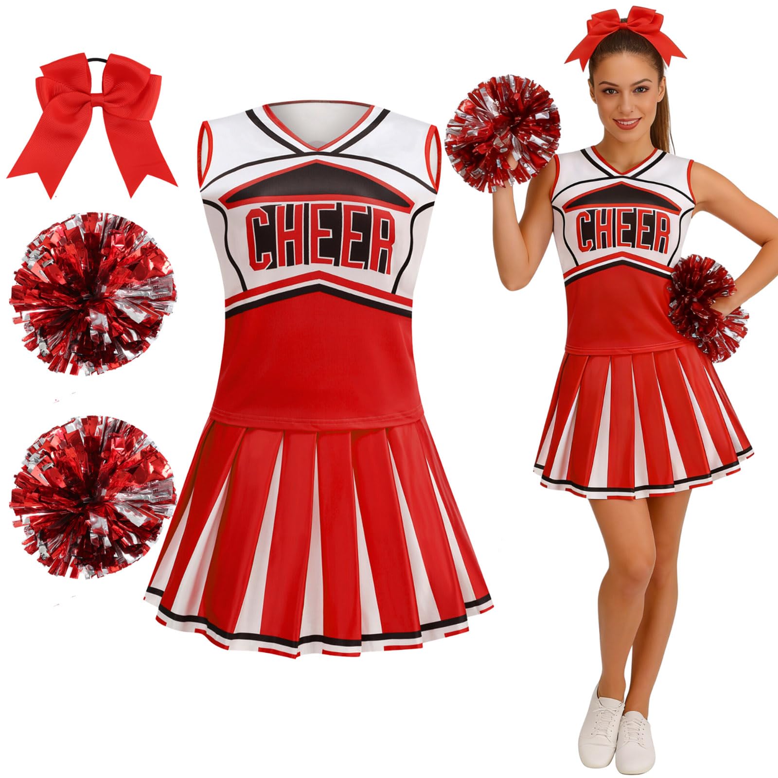 maxToonrain Women Cheerleader Costume 5 PCS Classic Style Adults Cheerleader Outfit with Pom Poms, Top, Skirt, Stockings and Headband for 2026 High School Musical Events Halloween (Red, XS)