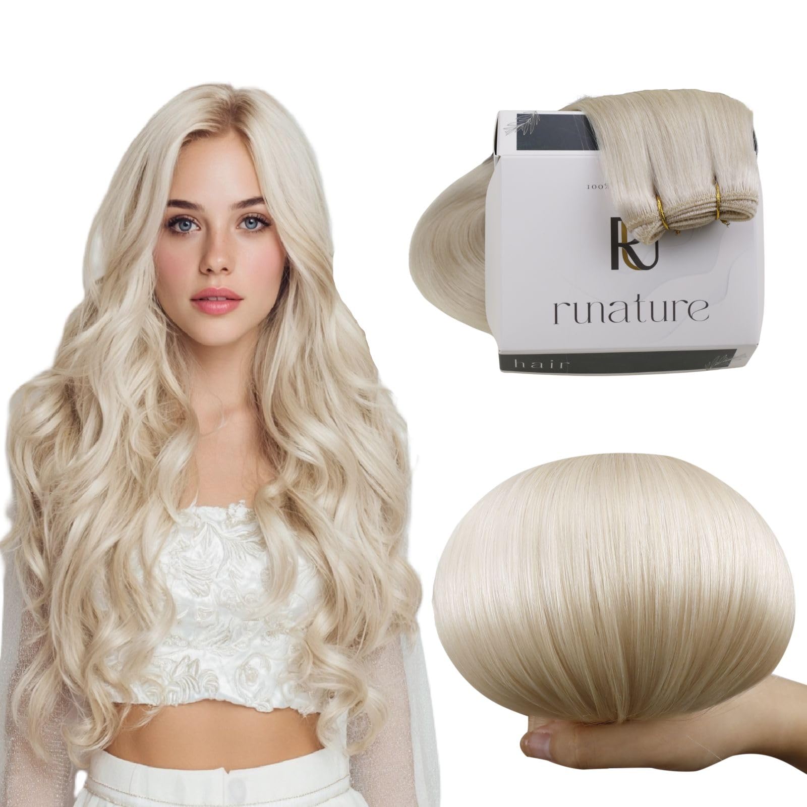 RUNATURE Blonde Hair Weft Extensions Human Hair White Blonde Sew in Double Weft Hair Extensions Real Human Hair Blonde Weft Hair Extensions 12 Inch 70