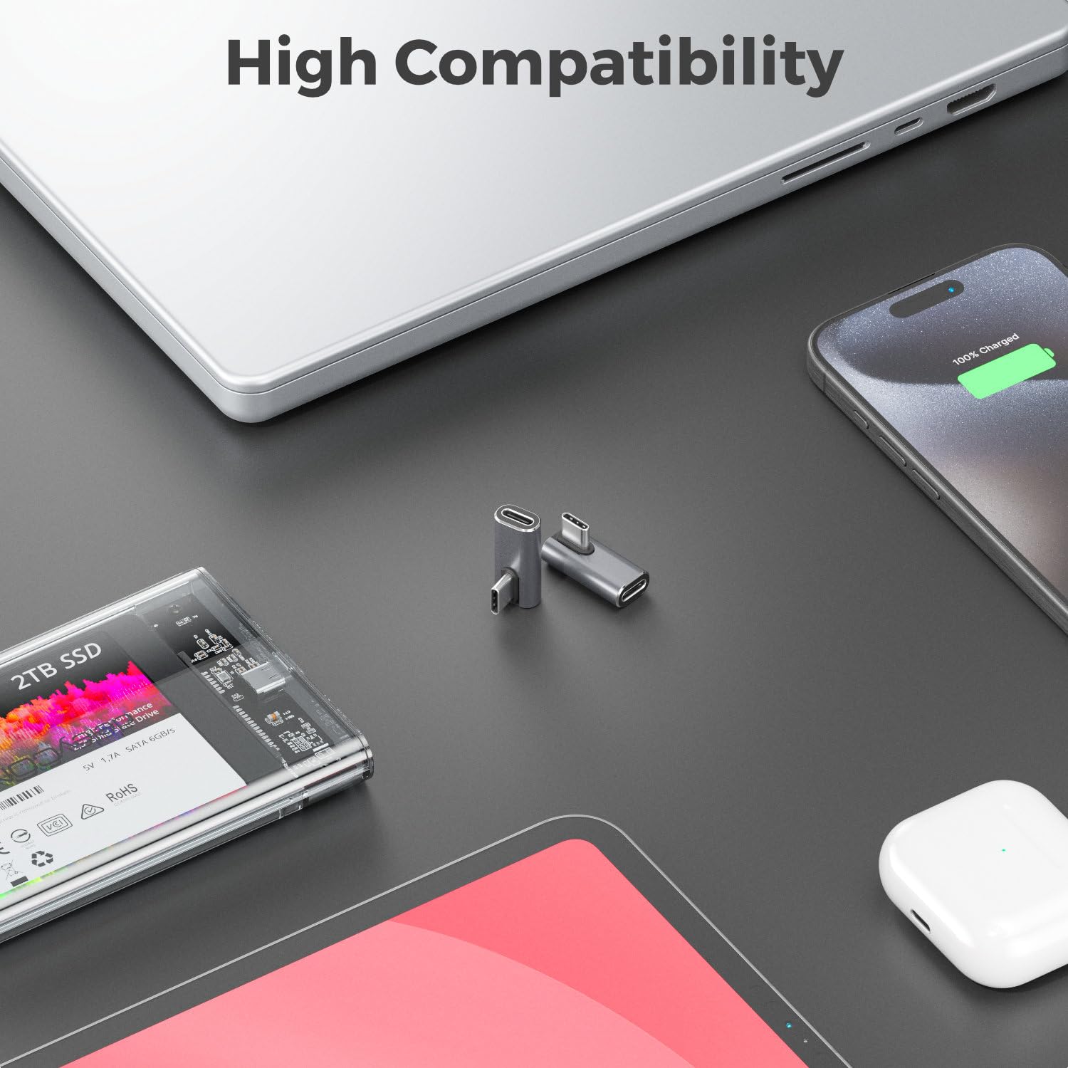 deleyCON Adapter USB-C Kąt 90 Stopni (2 Sztuki) 40Gbps, 240W, 8K60Hz, Aluminiowa Obudowa, Wtyczka Typu C do Gniazda Kompatybilny ze Smartfonem Tabletem Laptopem Notebookiem Switch PC i Wieloma Innymi.