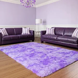 Zentavio Purple Rugs for Girls Room 4x6 Area Rugs for Living Room Carpet for Bedroom Washable Soft Fluffy Shag Aesthetic Plush High Pile Throw Rug for Nursery Kids Room Dorm Room Tie-Dyed