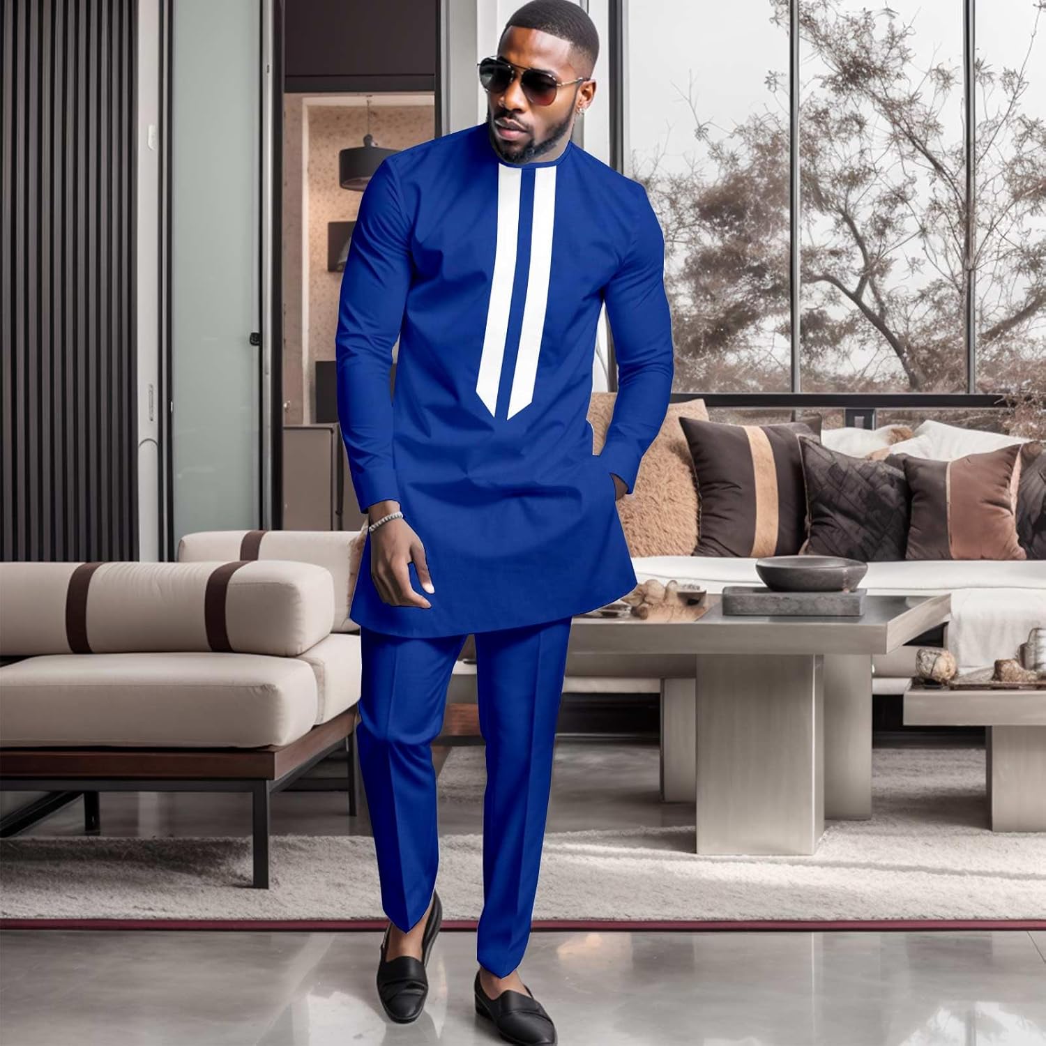 African Men's Formal Clothes Dashiki Shirt and Pant Two Piece Suit Traditional Long Sleeve Outfits - Image 2