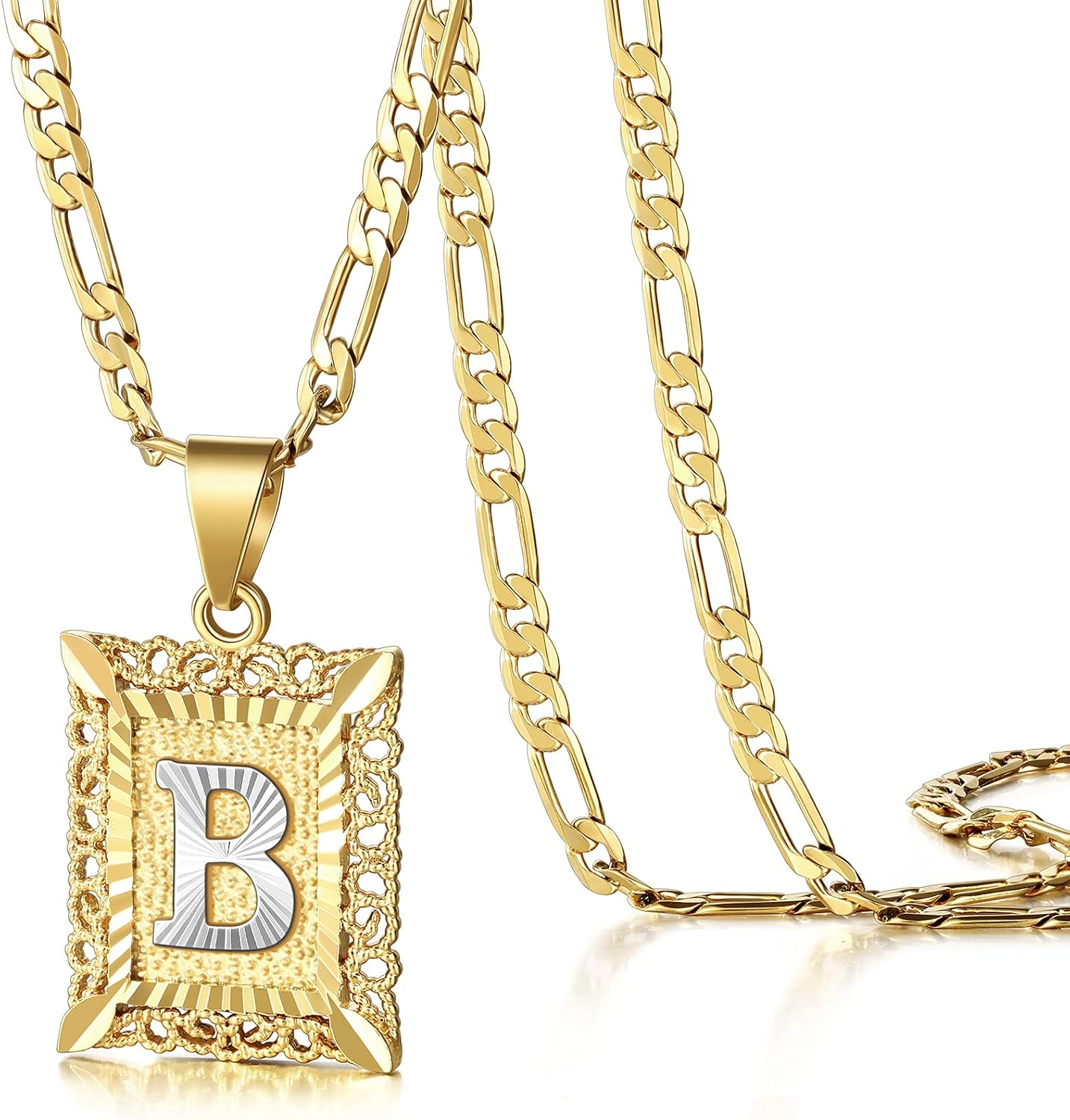 KissYan Initial Letter Pendant Necklace for Mens Womens, 14K Gold Plated Square Capital Monogram Necklaces Alhpabets from A-Z Figaro Chain Jewelry Gift