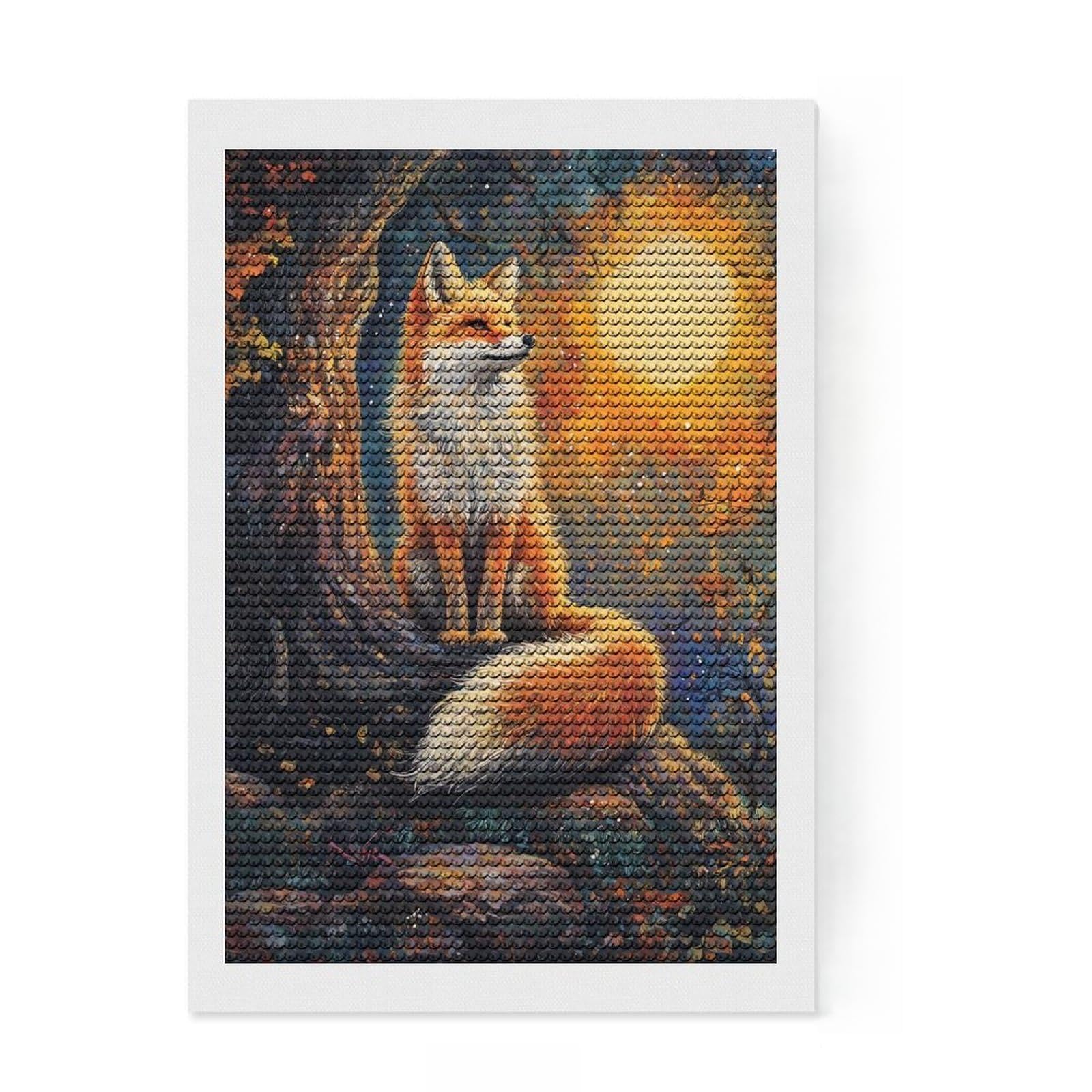 Junmoney Fox Under Full Moon Round Drill Diamond Painting 8"x12", Stress Relief Craft, Aesthetic Room Decor, for Adults, Festive Craft Gift