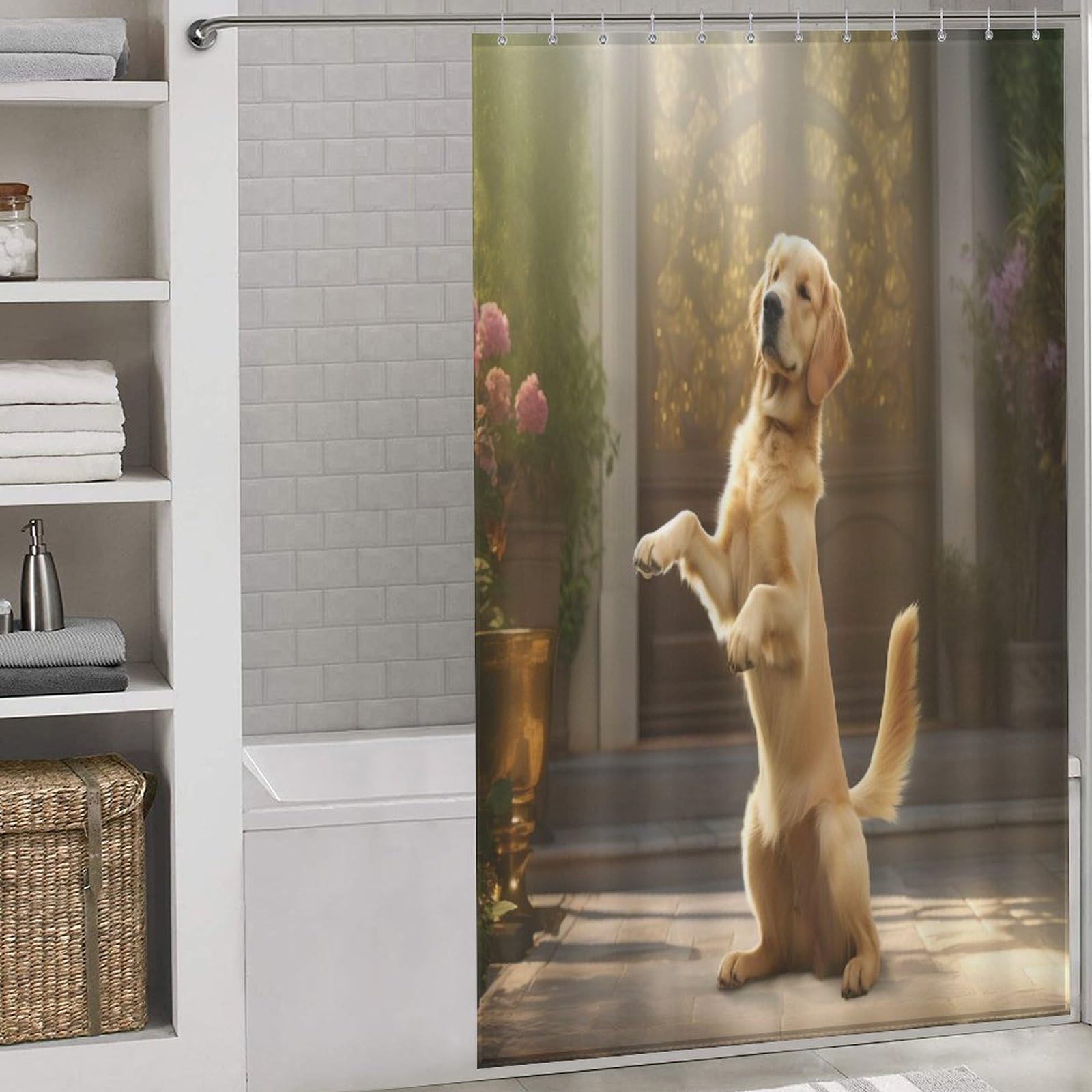Rideau de douche motif chien pour salle de bains familiale avec crochets inclus
