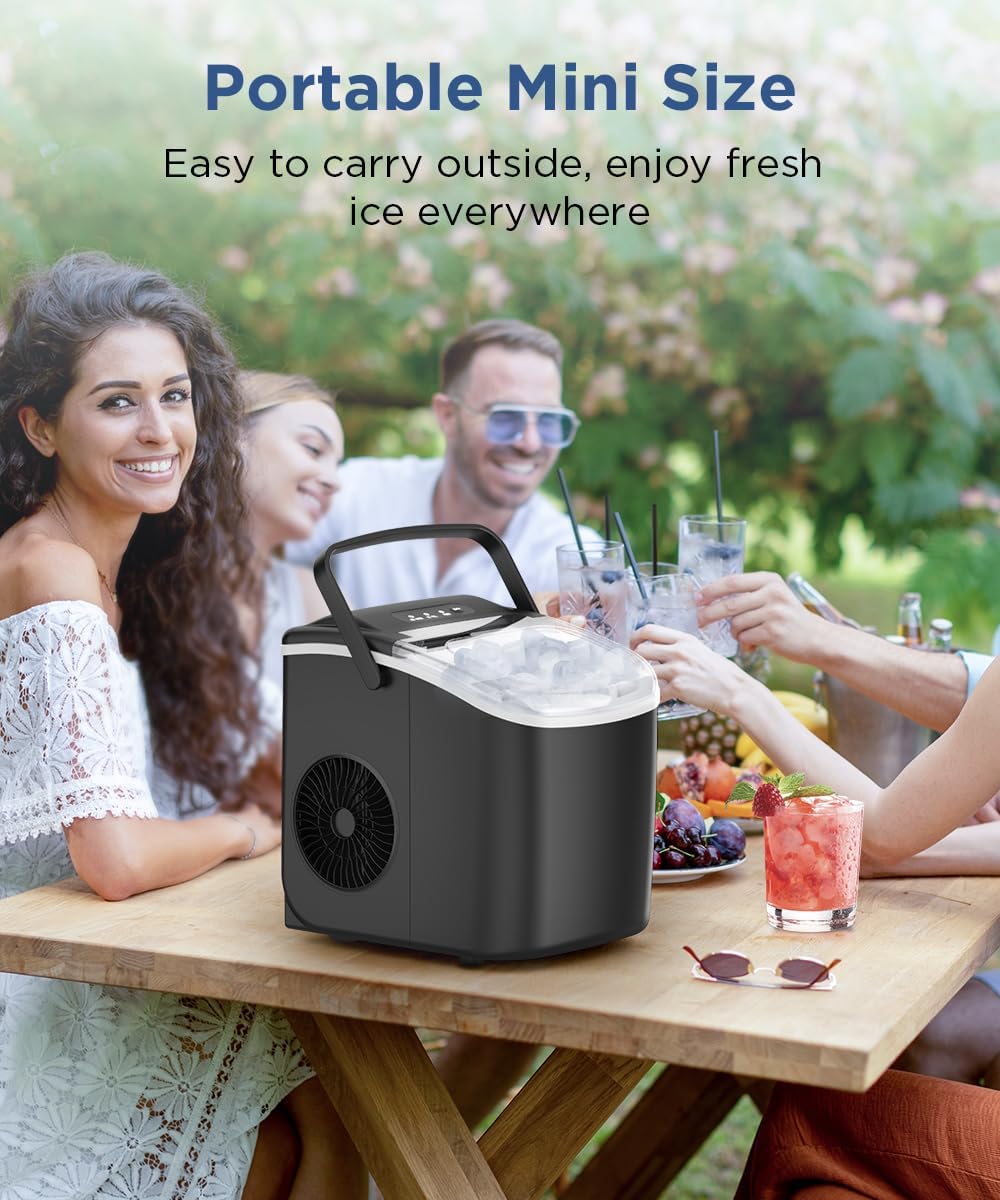 Portable ice maker in an outdoor setting with people enjoying drinks