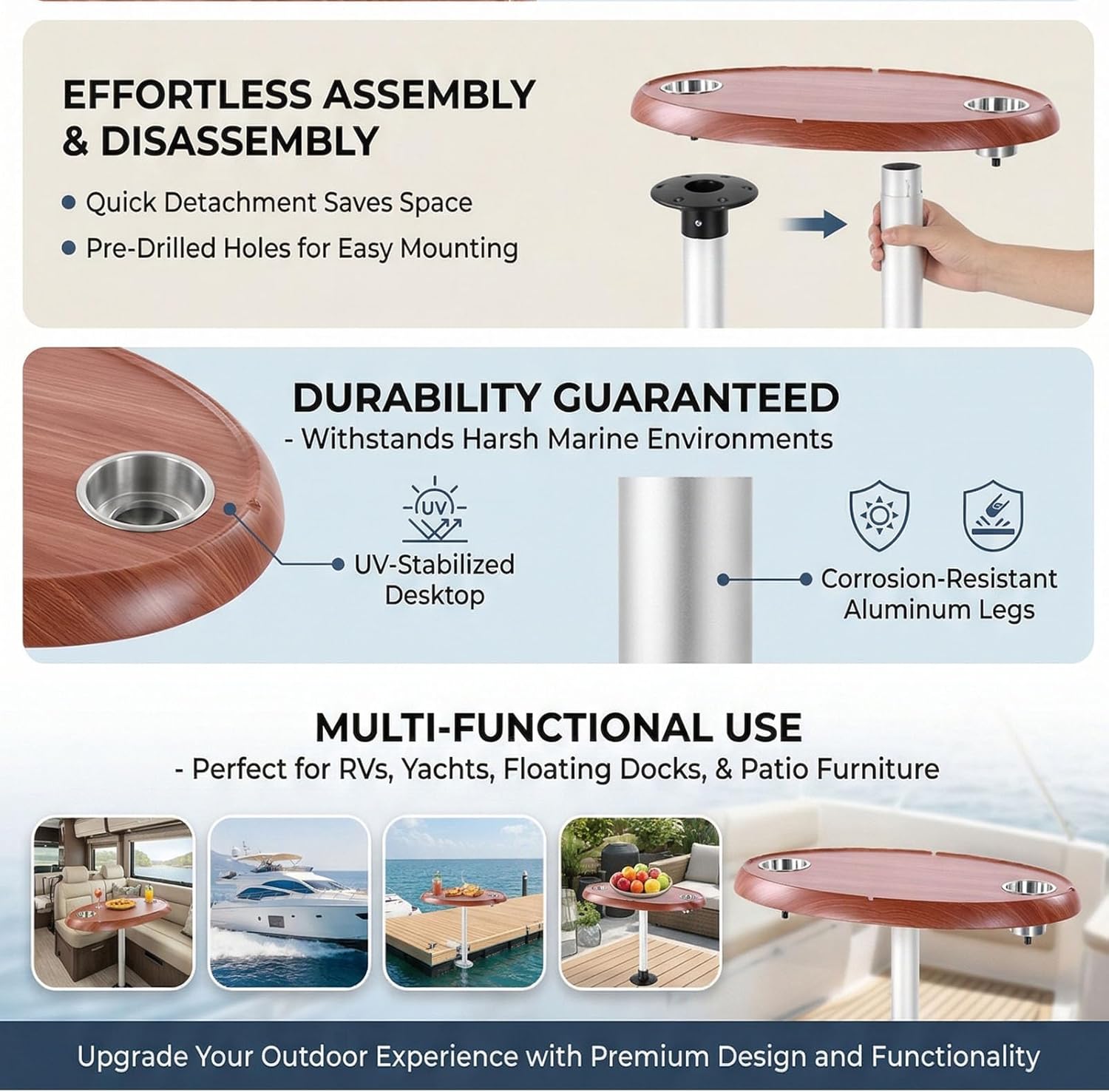 Haofy Pontoon Boat Table 29.5x17.7 Inch Detachable Marine Table with 2 Cup Holders Stainless Steel Rim 450 x 750mm for RV Yacht Outdoor Party Cocktail Dining