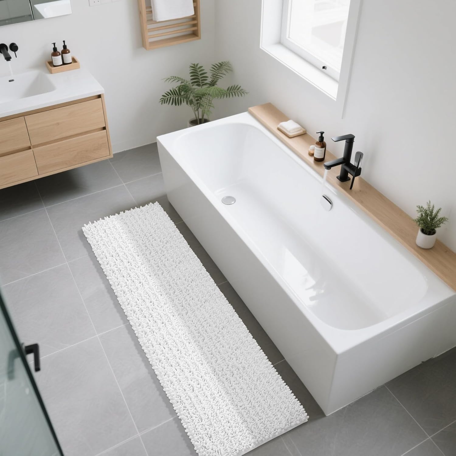 Yimobra Bathroom Runner Rug 70x24 Inch - Extra Long Non Slip Chenille Bath Mat, Soft & Absorbent, Machine Washable Shaggy Hallway Carpet for Vanity Tub Shower, White Home Decor Accessories - Image 8