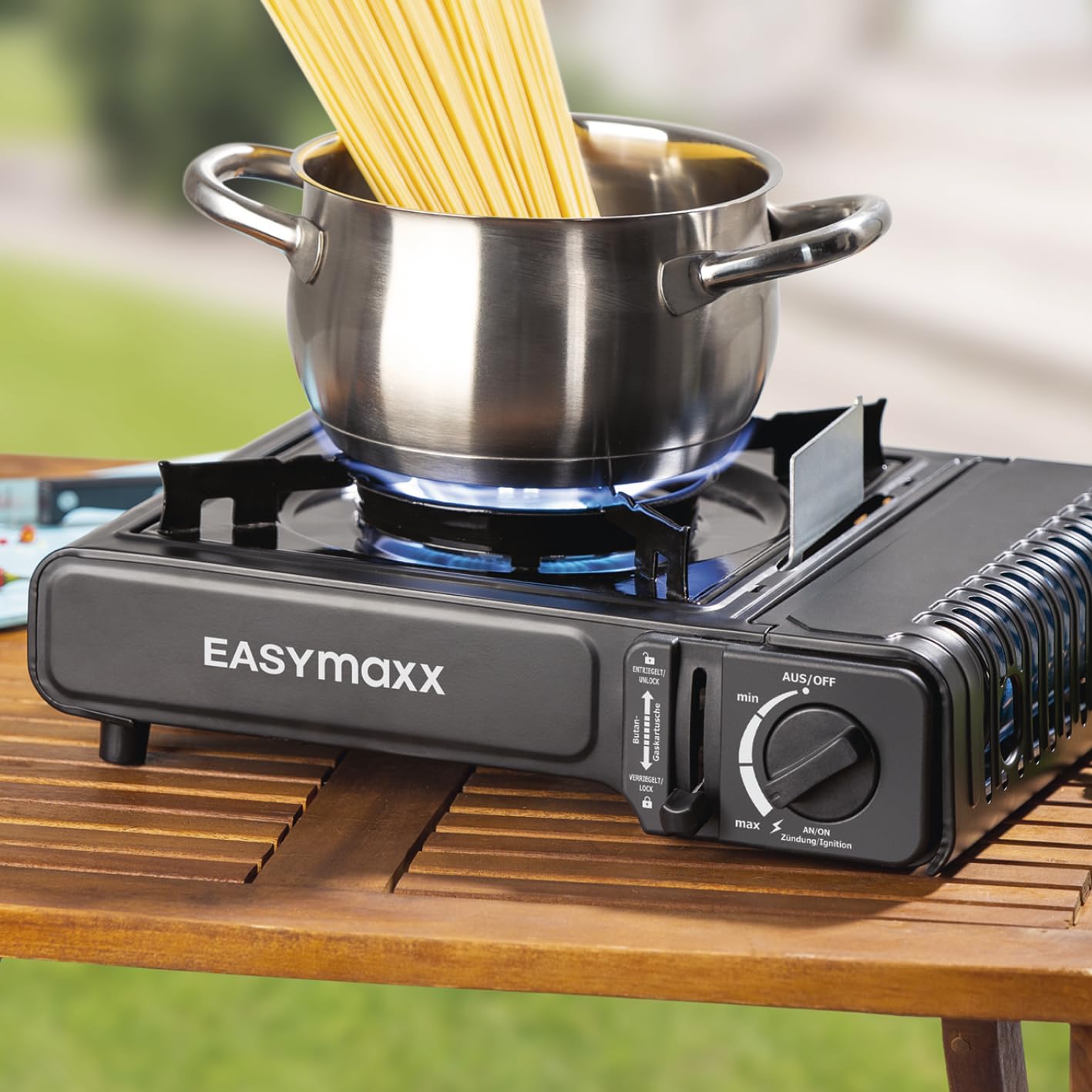 EASYmaxx, Estufa de gas portátil, compacta con estuche de transporte, estufa de exterior de ajuste continuo con encendido piezoeléctrico automático, ideal para el camping