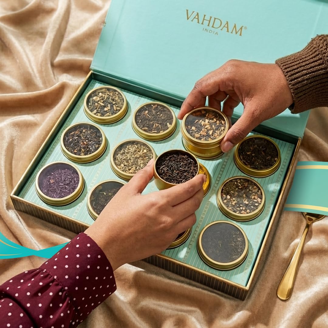 VAHDAM Bloom Luxury Tea Gift Set | 12 Premium Loose Leaf Teas in Gold Tin Caddies | Black, Green, Chai & Herbal | Corporate Gifting, Birthday & Diwali Gift | Gift for Women & Men 3