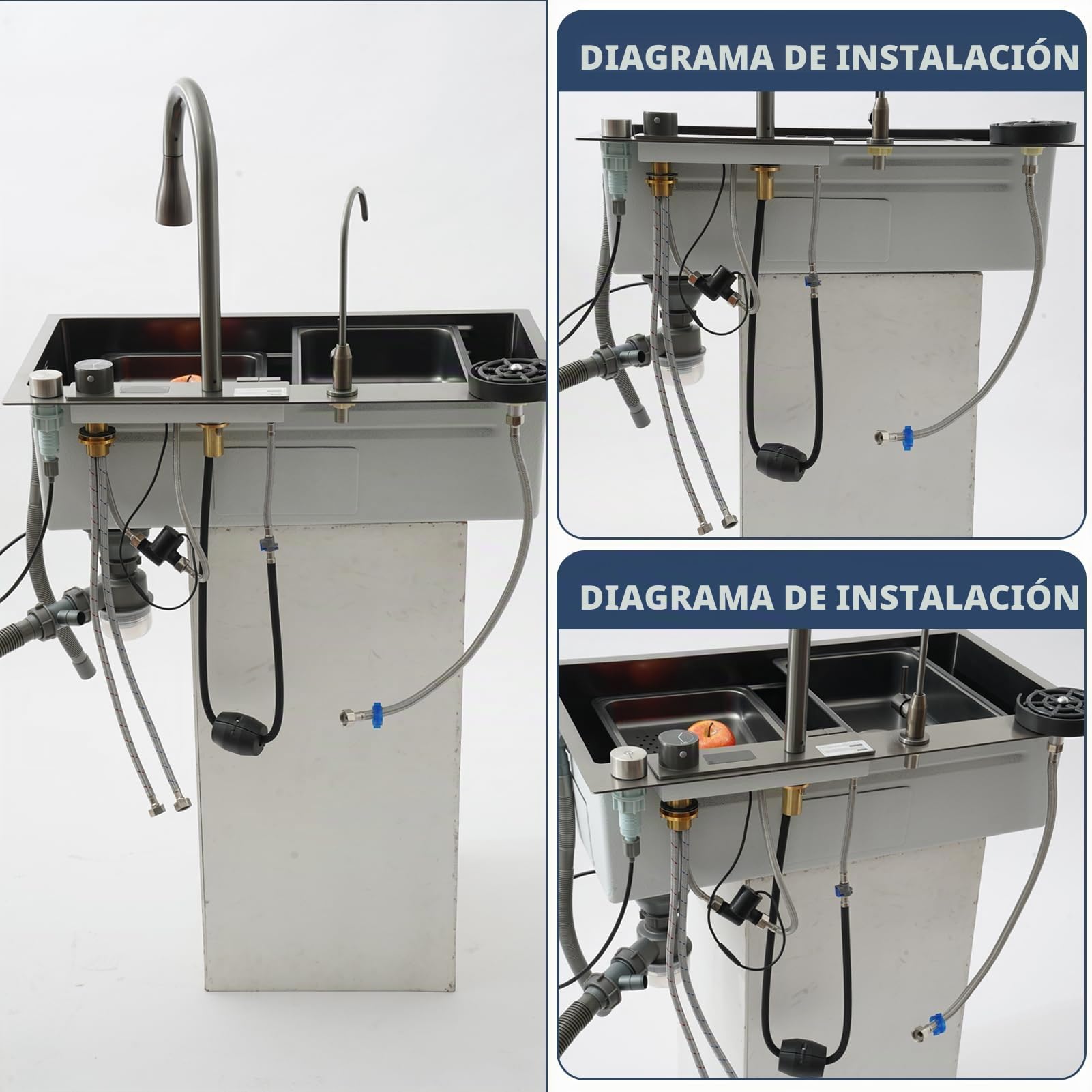 Fregadero de cocina con cascada, 85 x 50 cm, acero inoxidable cepillado 304, fregadero de cocina con pantalla digital, lavabo grande con cesta de drenaje, tabla de cortar, sifón, componente de desagüe